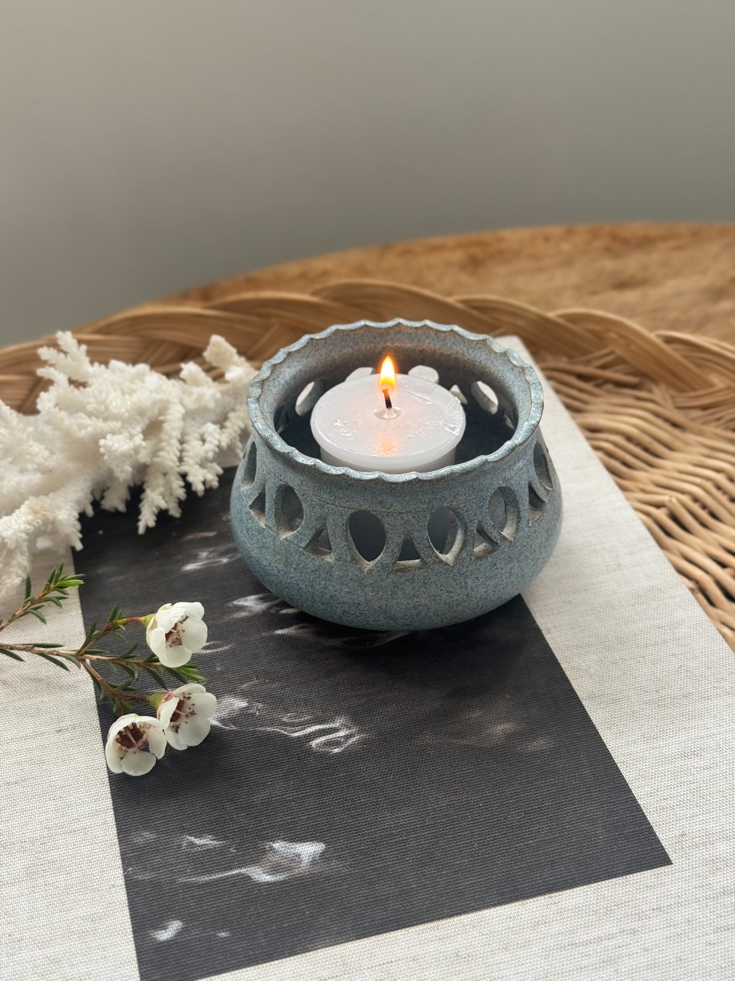 Vintage Studio Pottery Candle Holder - Speckled Blue
