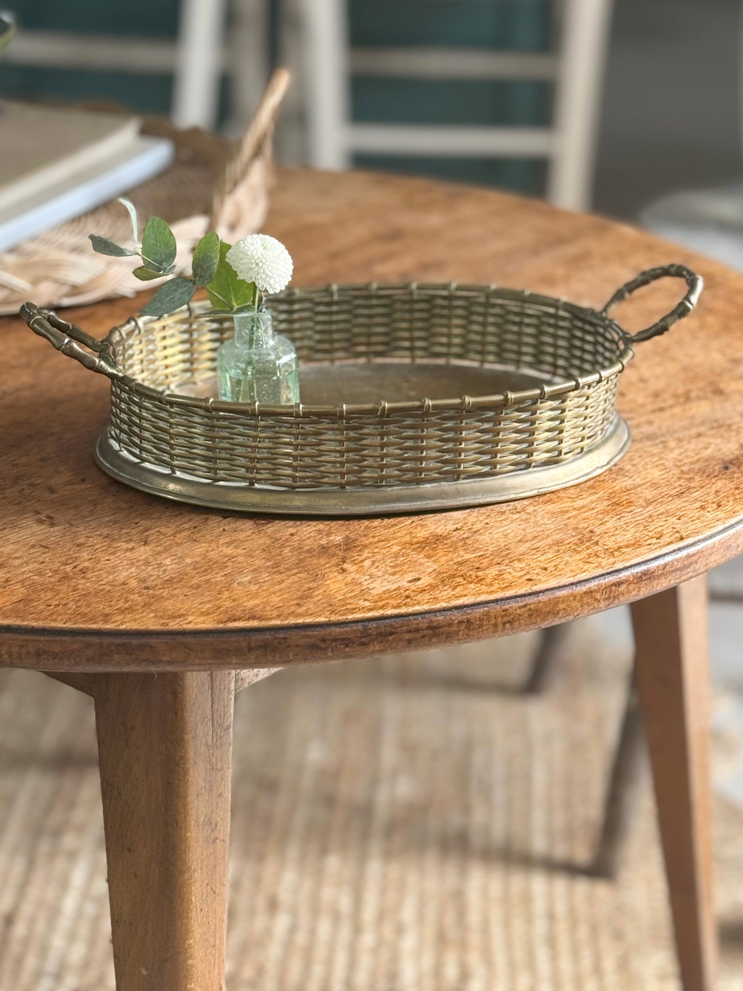 Handmade Brass Basket Tray With Bamboo Handles