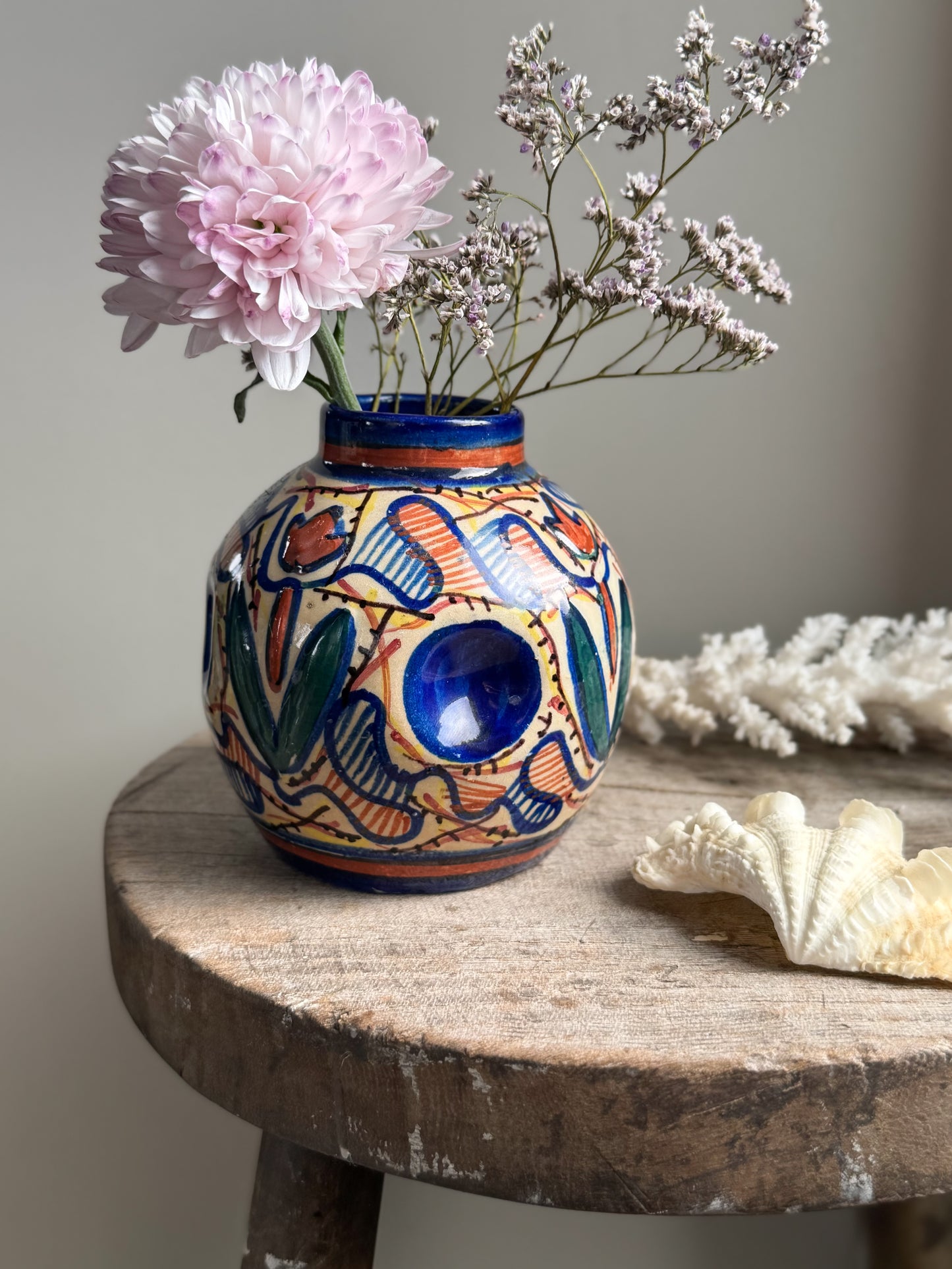 Vintage Hand-Painted Mediterranean Studio Pottery Pinched Bud Vase