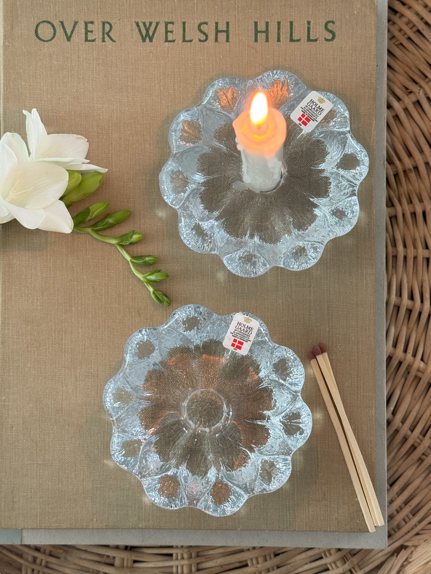 Holme Gaard of Copenhagen Danish Glass Daisy Candlestick Pair