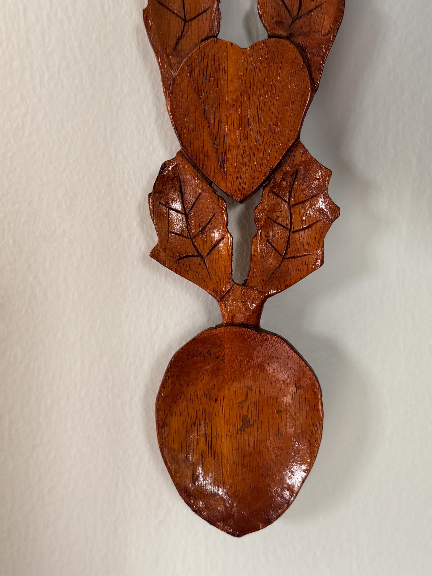 Vintage Hand-Carved Welsh Love Spoon with Lock, Heart & Leaf Motifs