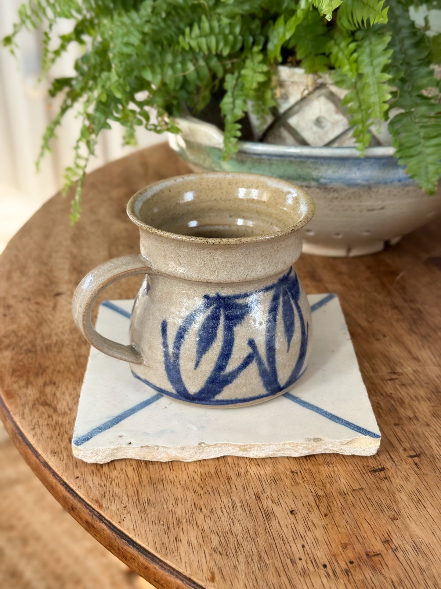 Vintage Oatmeal & Blue Vintage Abstract Studio Pottery Mug