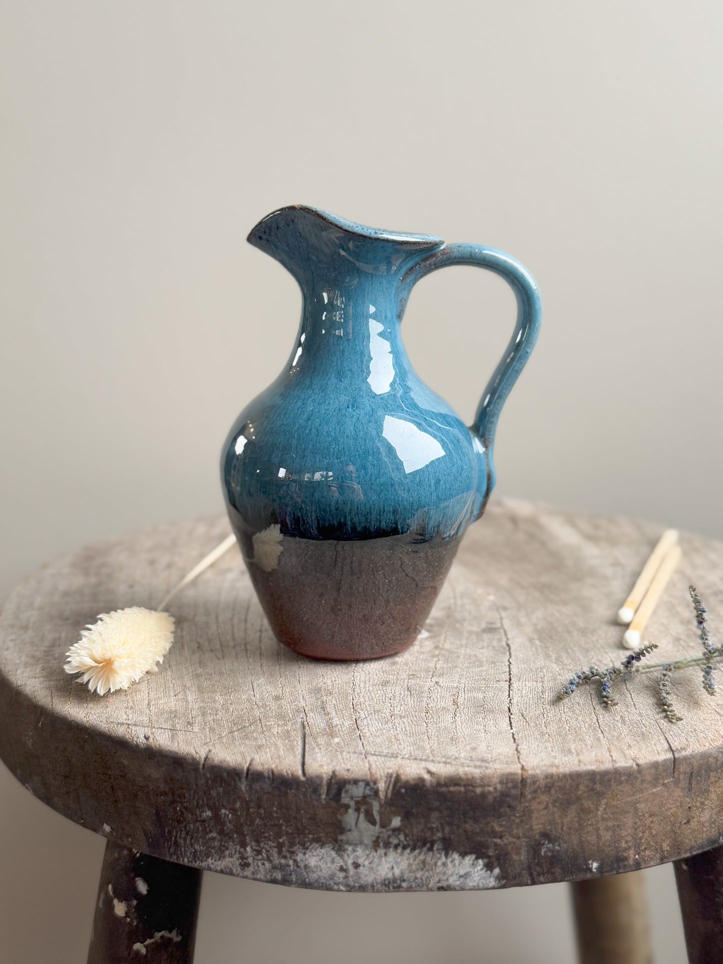 Vintage Studio Pottery Blue Drip Glaze Oil Jug