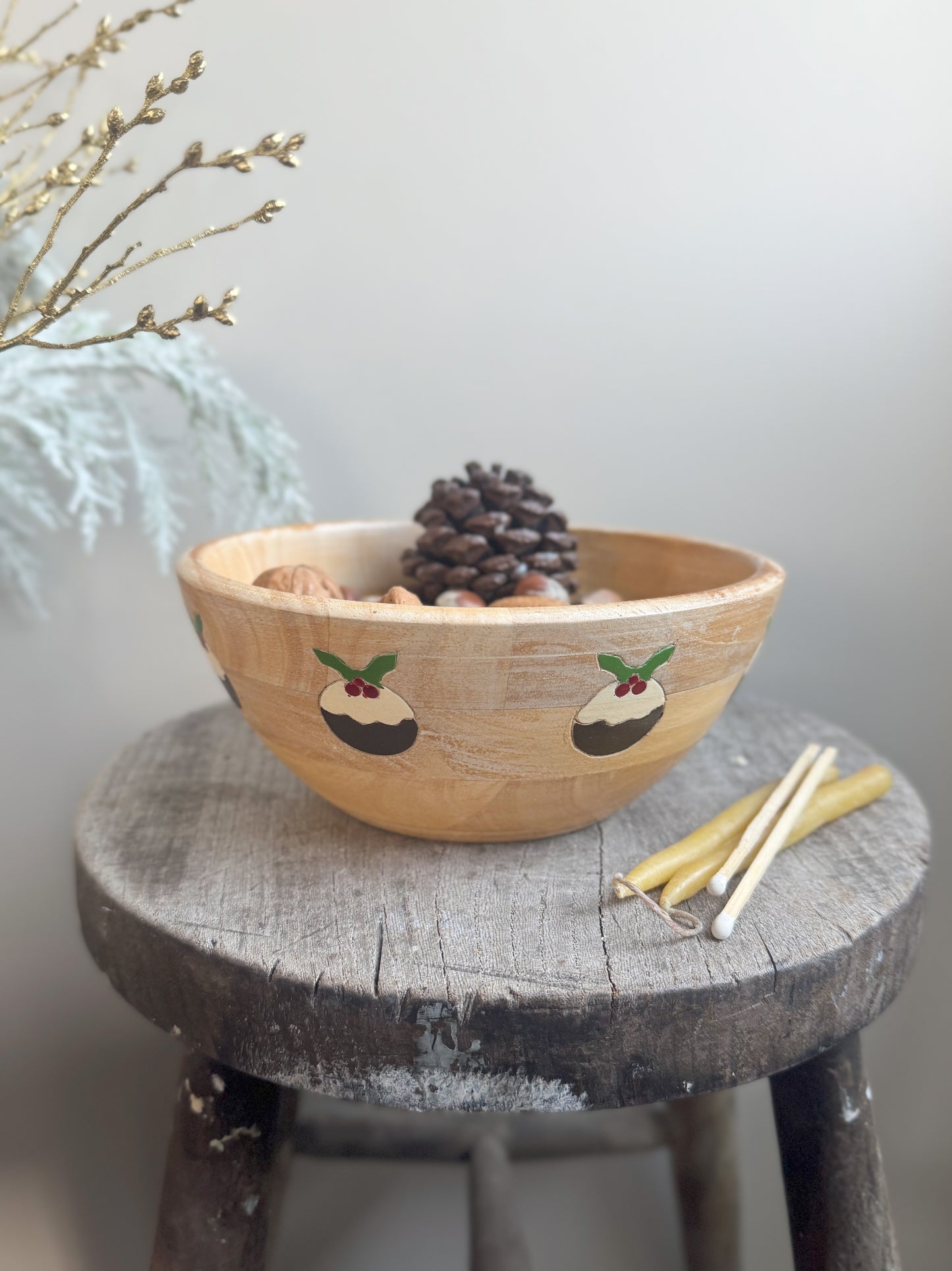 Vintage Handmade Wooden Christmas Pudding Bowl