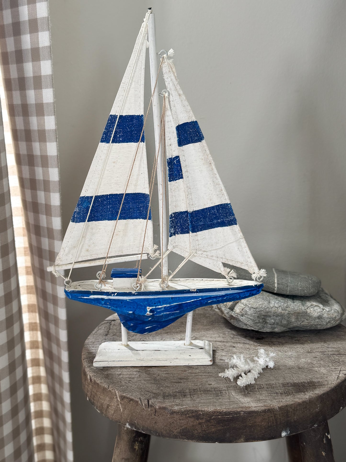 Vintage Blue & White Wooden Sailing Boat