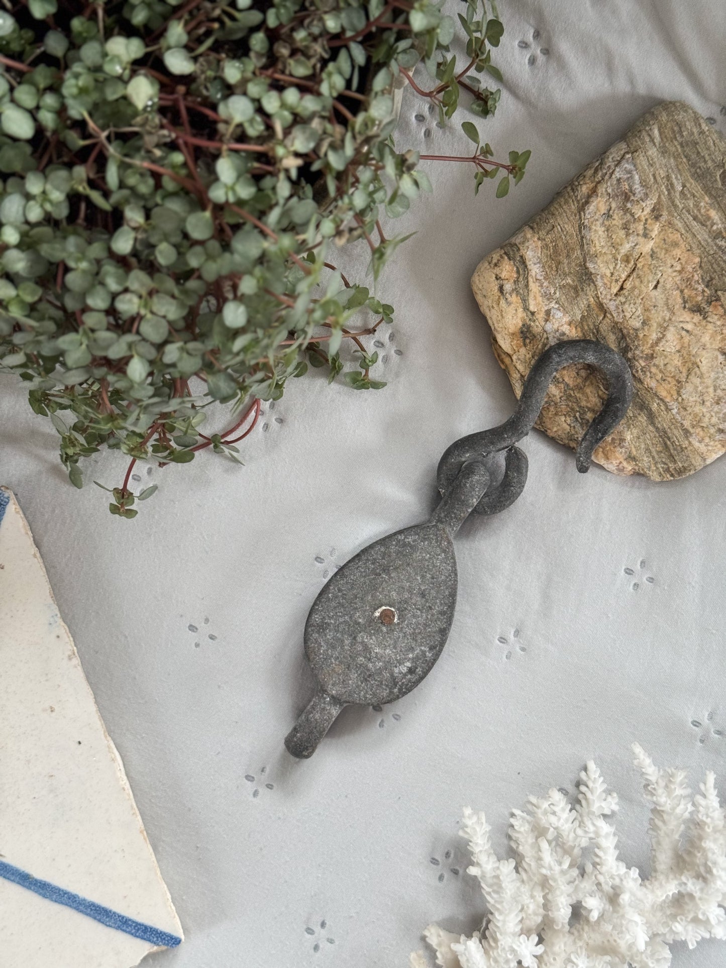Vintage Galvanised Steel Nautical Pulley • Weathered Maritime Hardware
