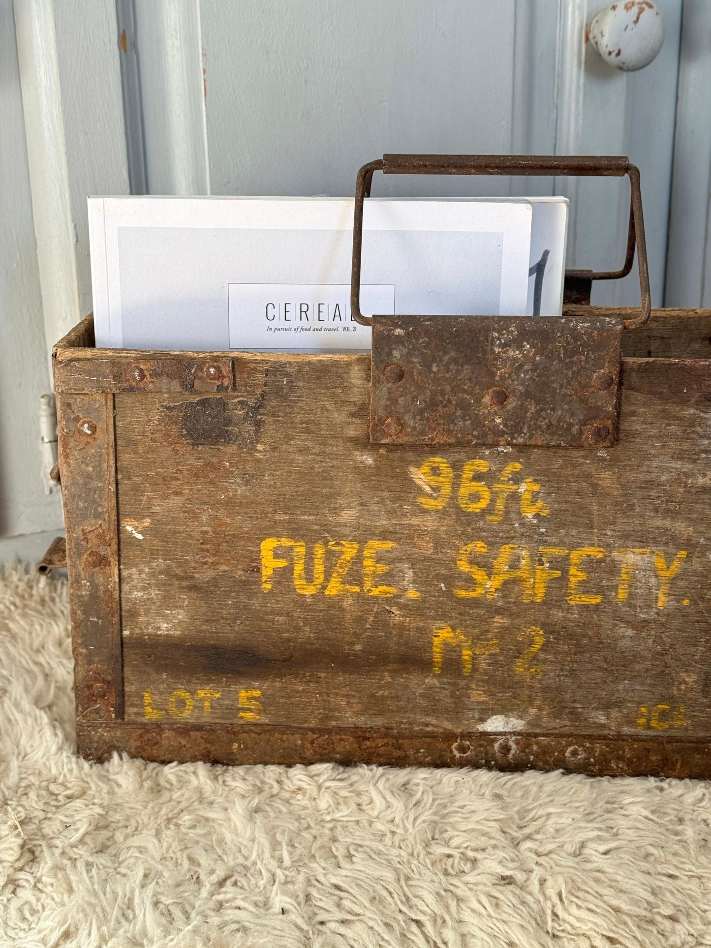 Vintage Wooden Ammunition Box with Iron Handle • Magazine Rack