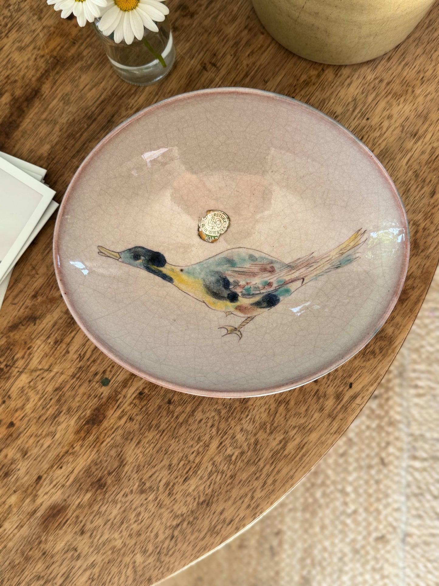 Hand-Painted German Studio Pottery Bowl – Bird Motif with Aqua Drip Glaze, Bad Wiessee