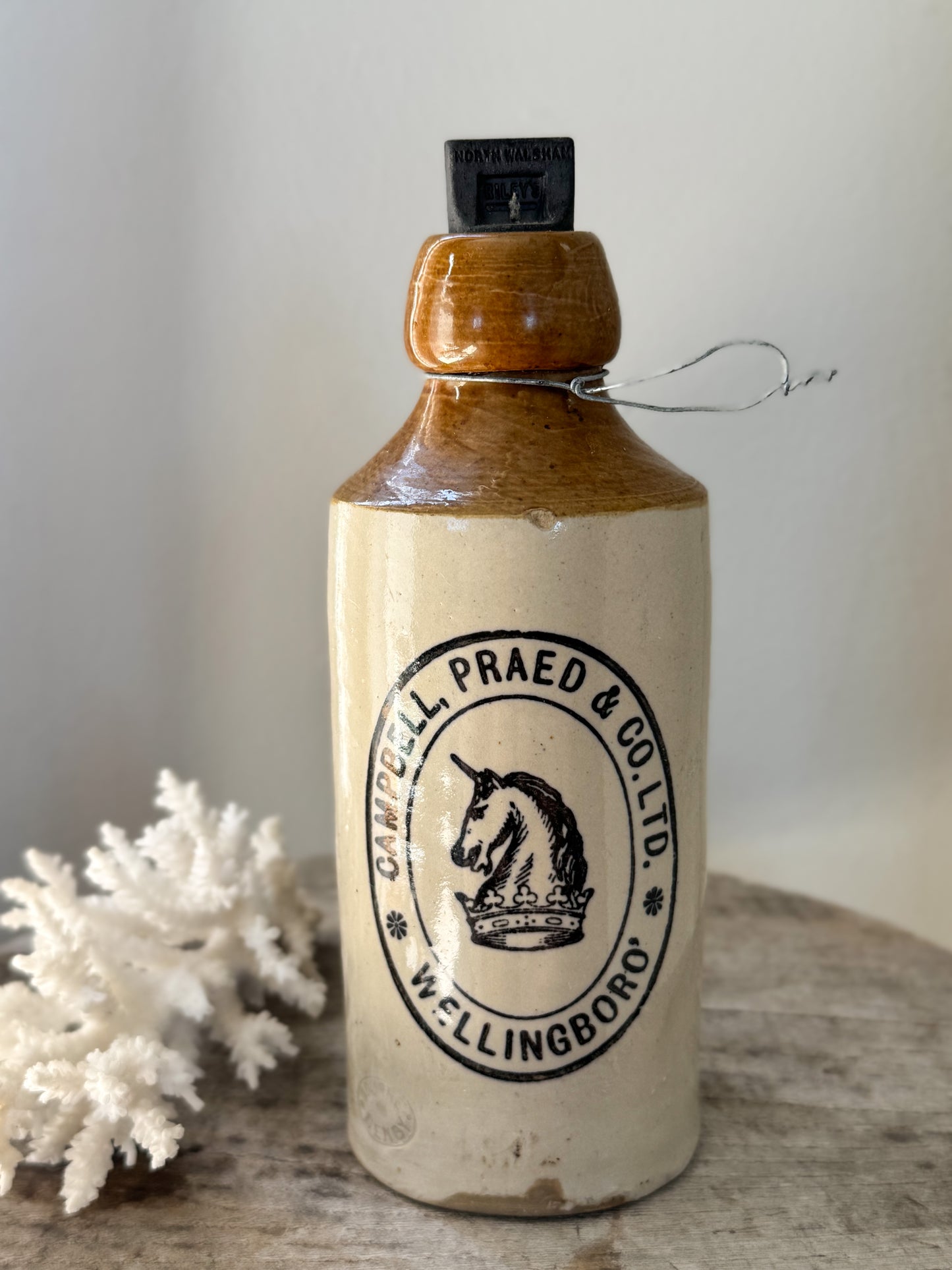 Antique Victorian Stoneware Ginger Beer Bottle, Bourne Denby for Campbell Praed & Co. Ltd., Wellingboro