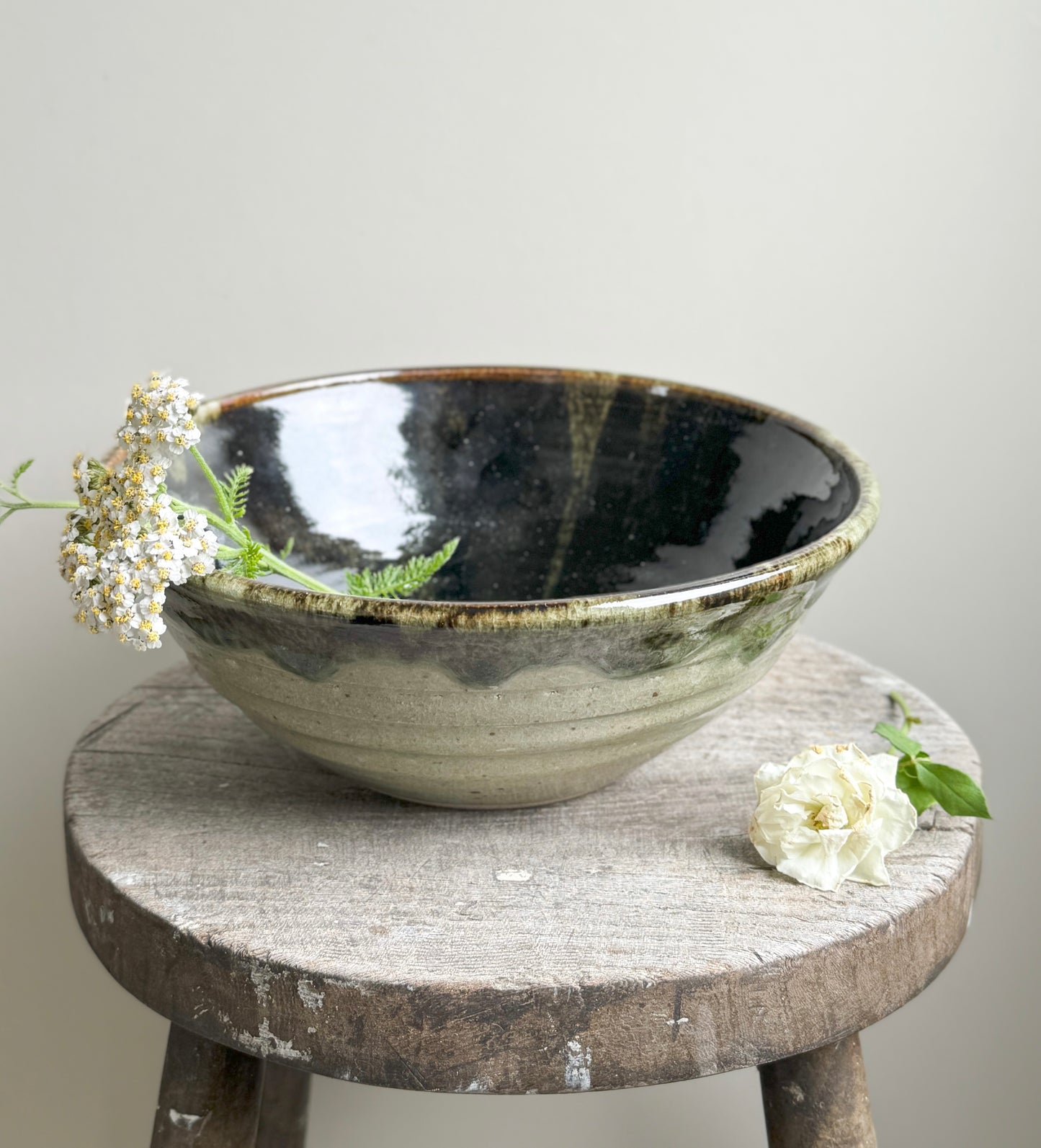 Studio Pottery Olive Green Drip Glaze Fruit Bowl