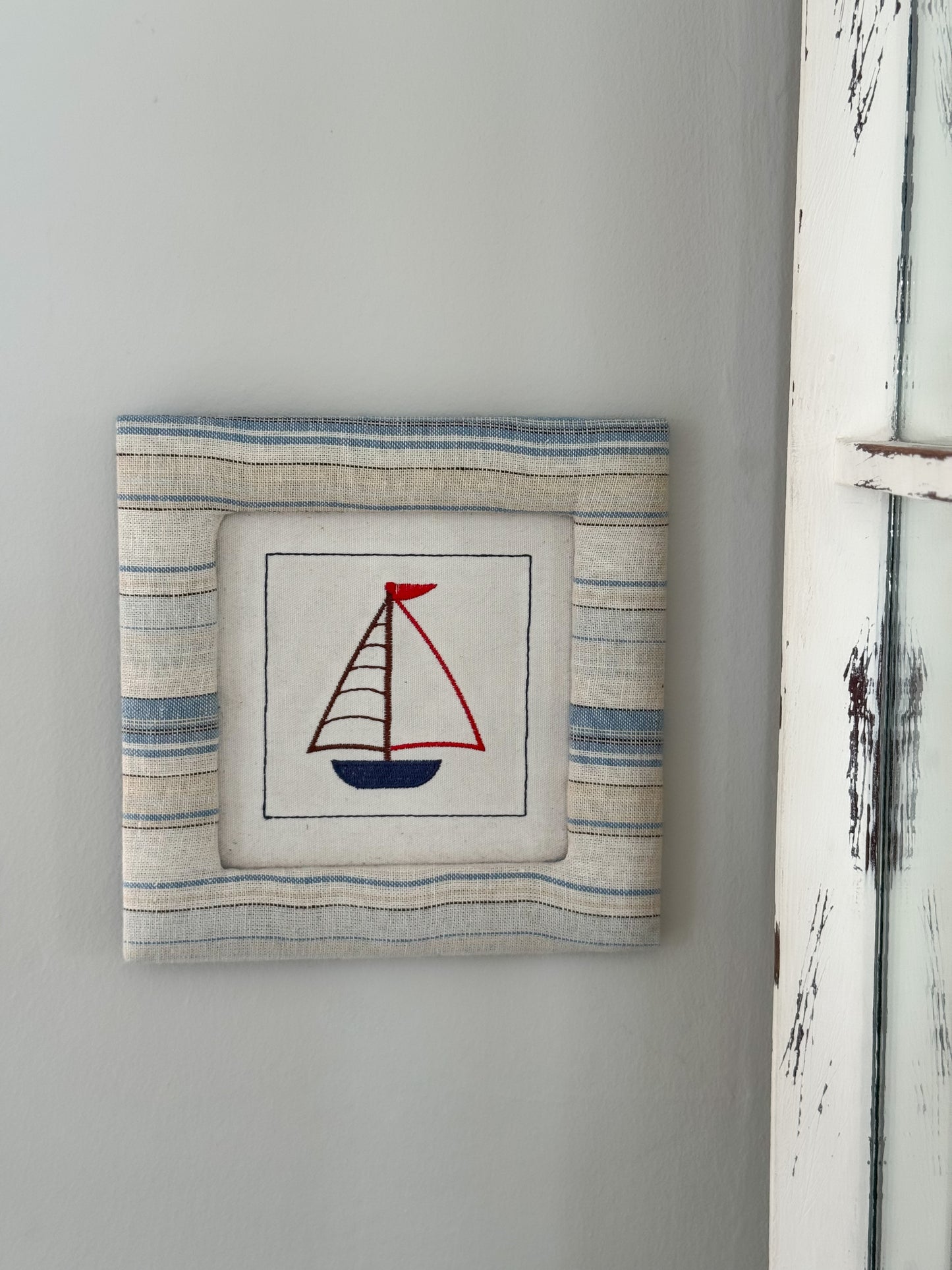 Embroidered Sail Boat in Fabric Frame