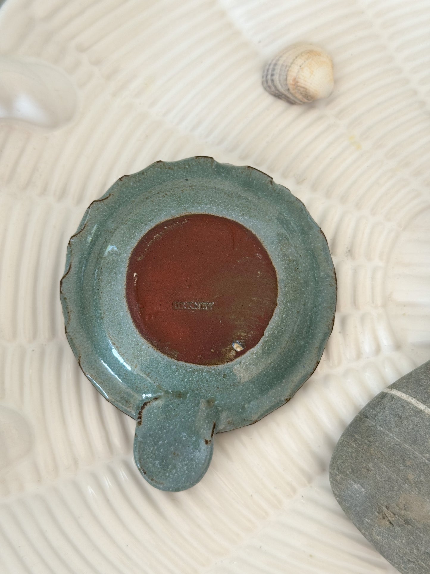 Vintage Orkney Pottery Chamberstick, Scalloped Edge & Sea Blue Glaze