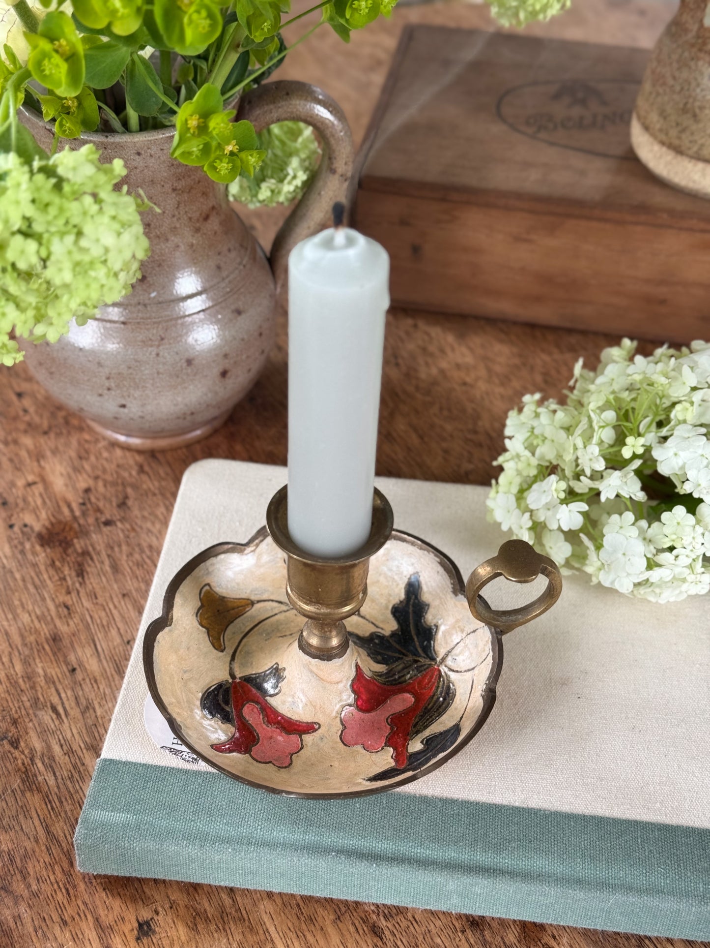 Vintage Brass & Enamel Scalloped Chamberstick Candle Holder – Floral Motif