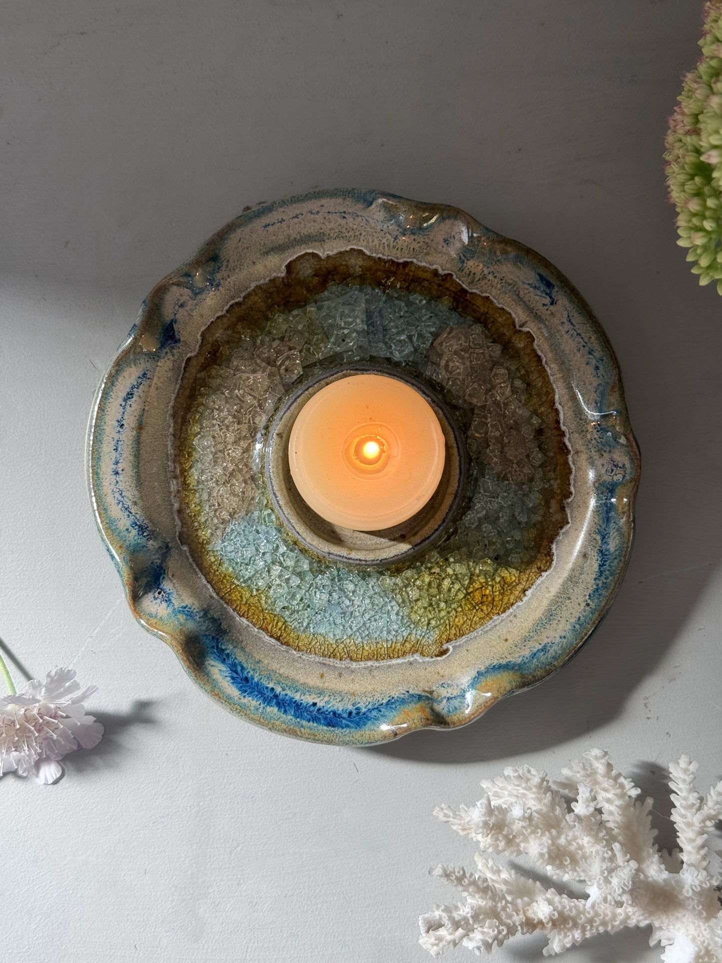 Vintage Studio Pottery Crackle-Glaze Candle Holder