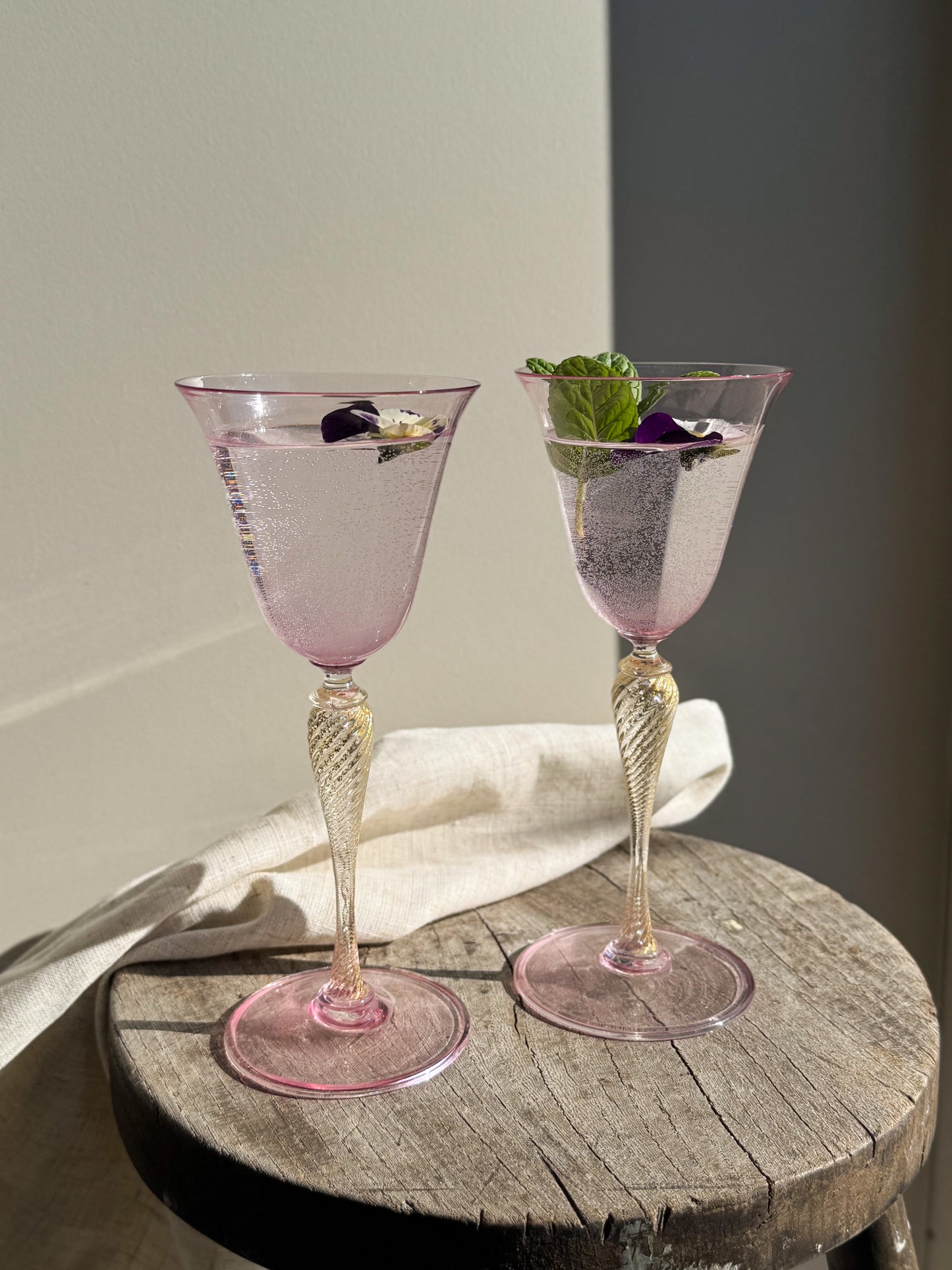 Incredible Handblown Rose & Gold-Flecked Stem Glasses (Pair)