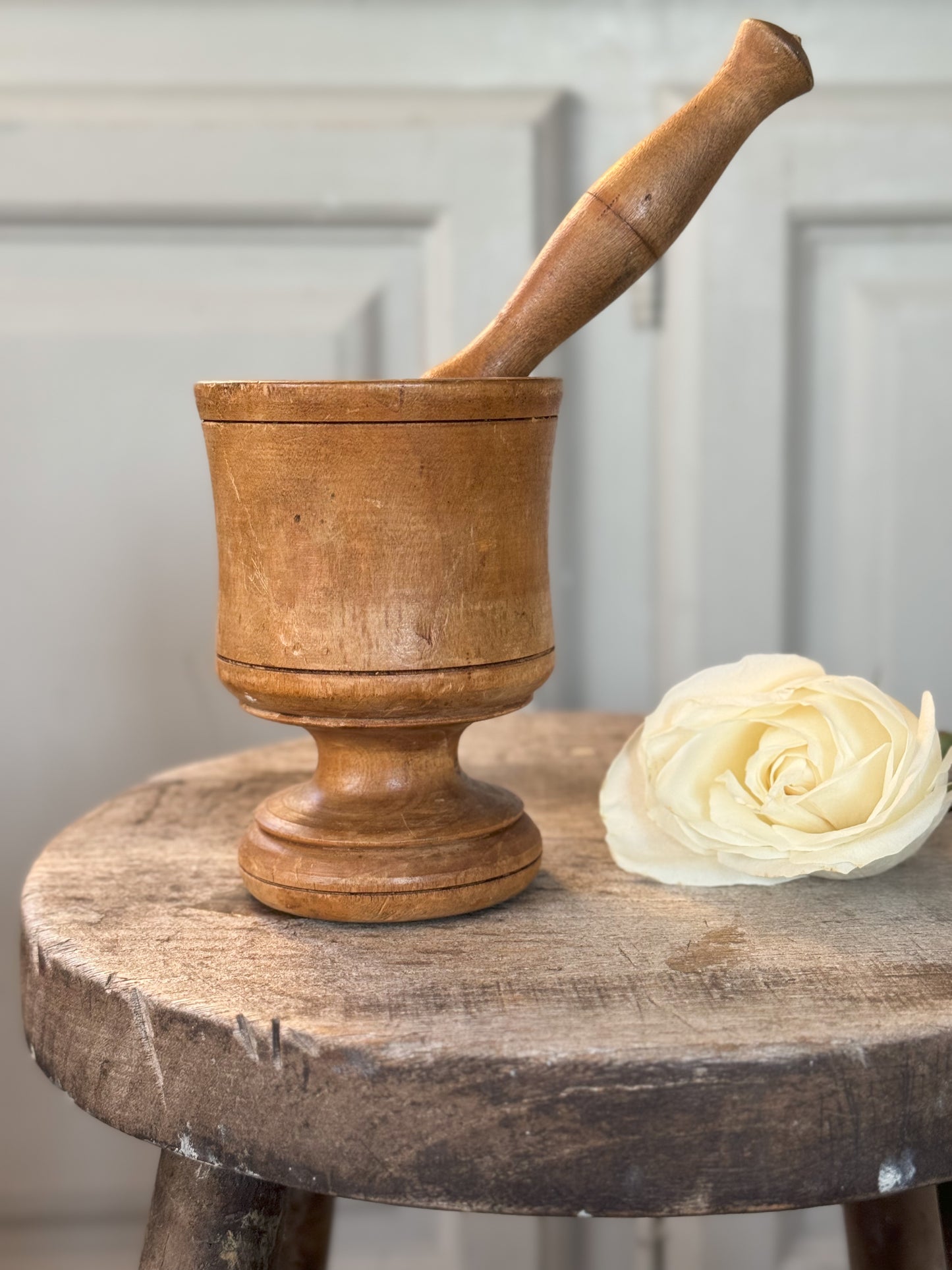 Vintage Aged Pine Pedestal Pestle & Mortar