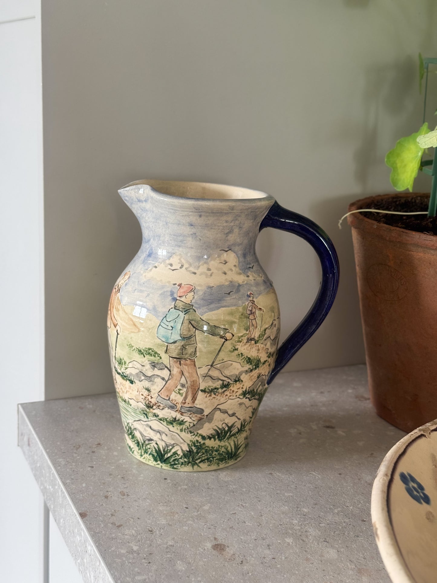 Rare Hand-Painted Studio Pottery Jug by David & Louise Salsbury ‘A Walk In The Mountains’