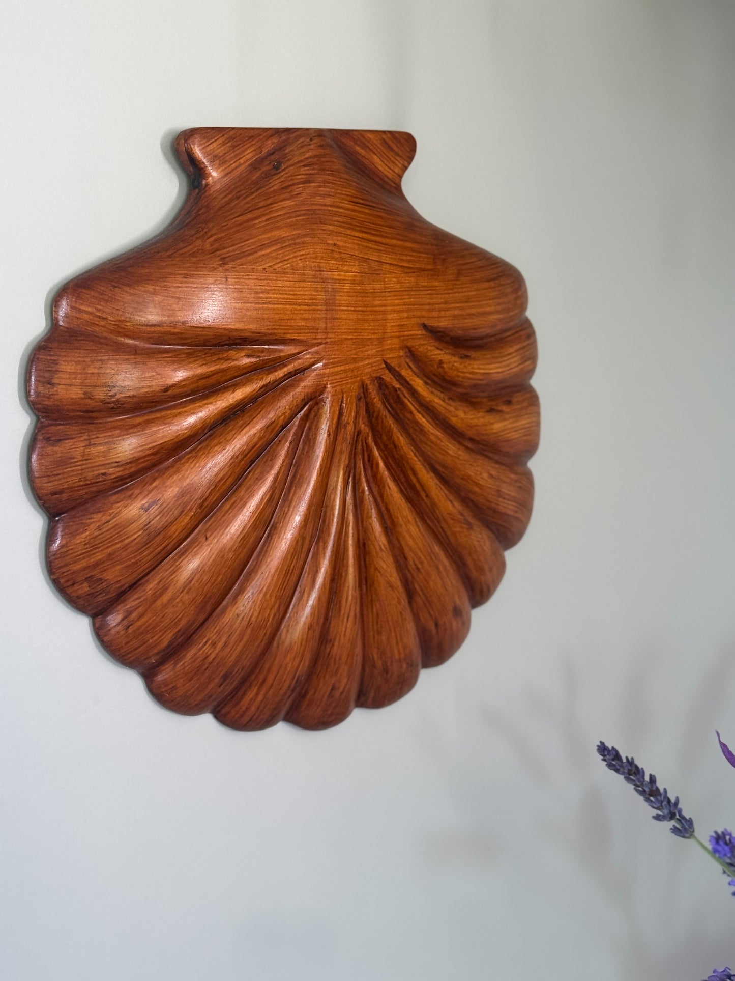 Vintage Large Hand-Carved Wooden Scalloped Shell Wall Hanging