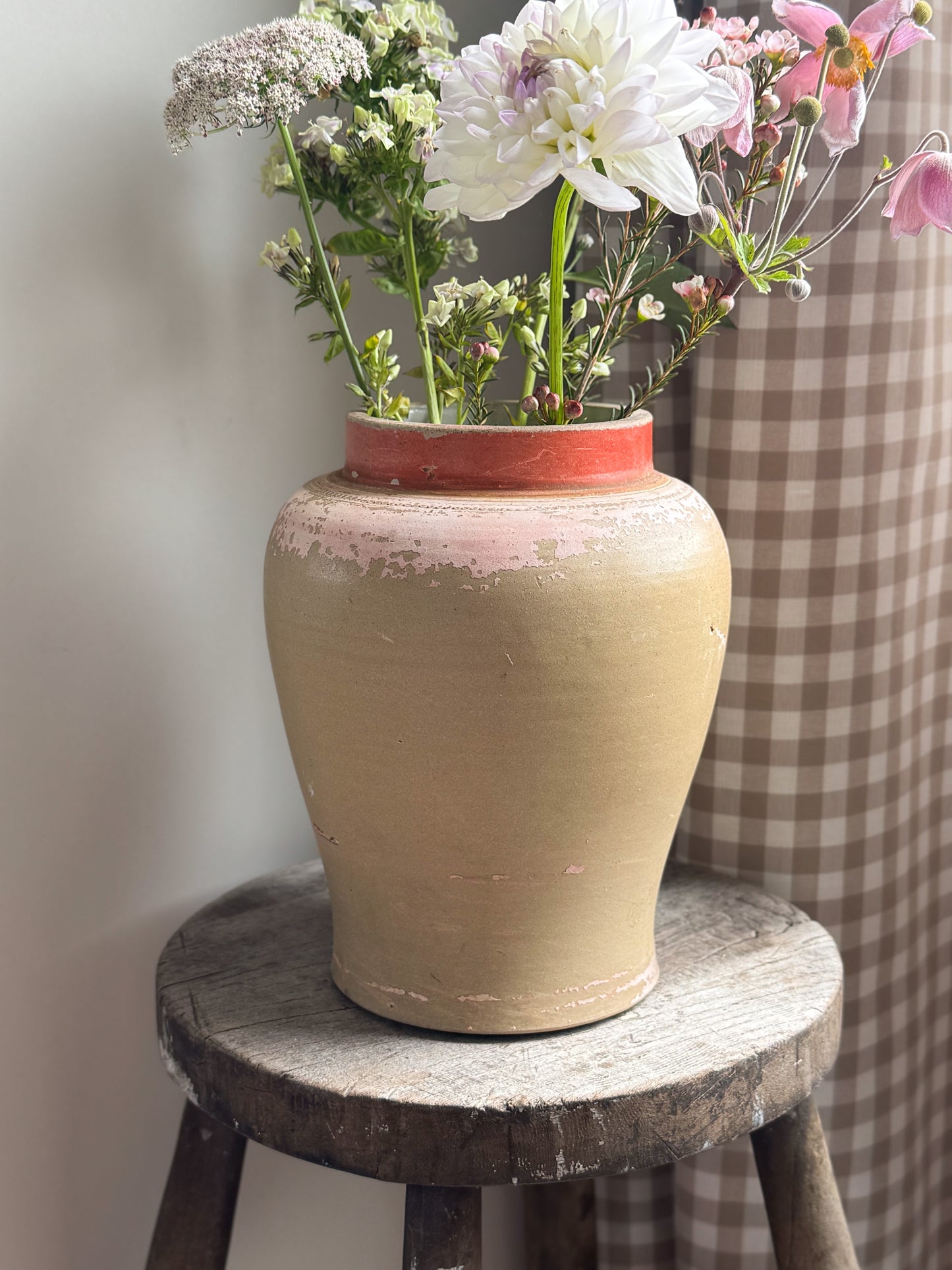 Vintage Mediterranean Earthenware Jar with Weathered Pink & Red Patina