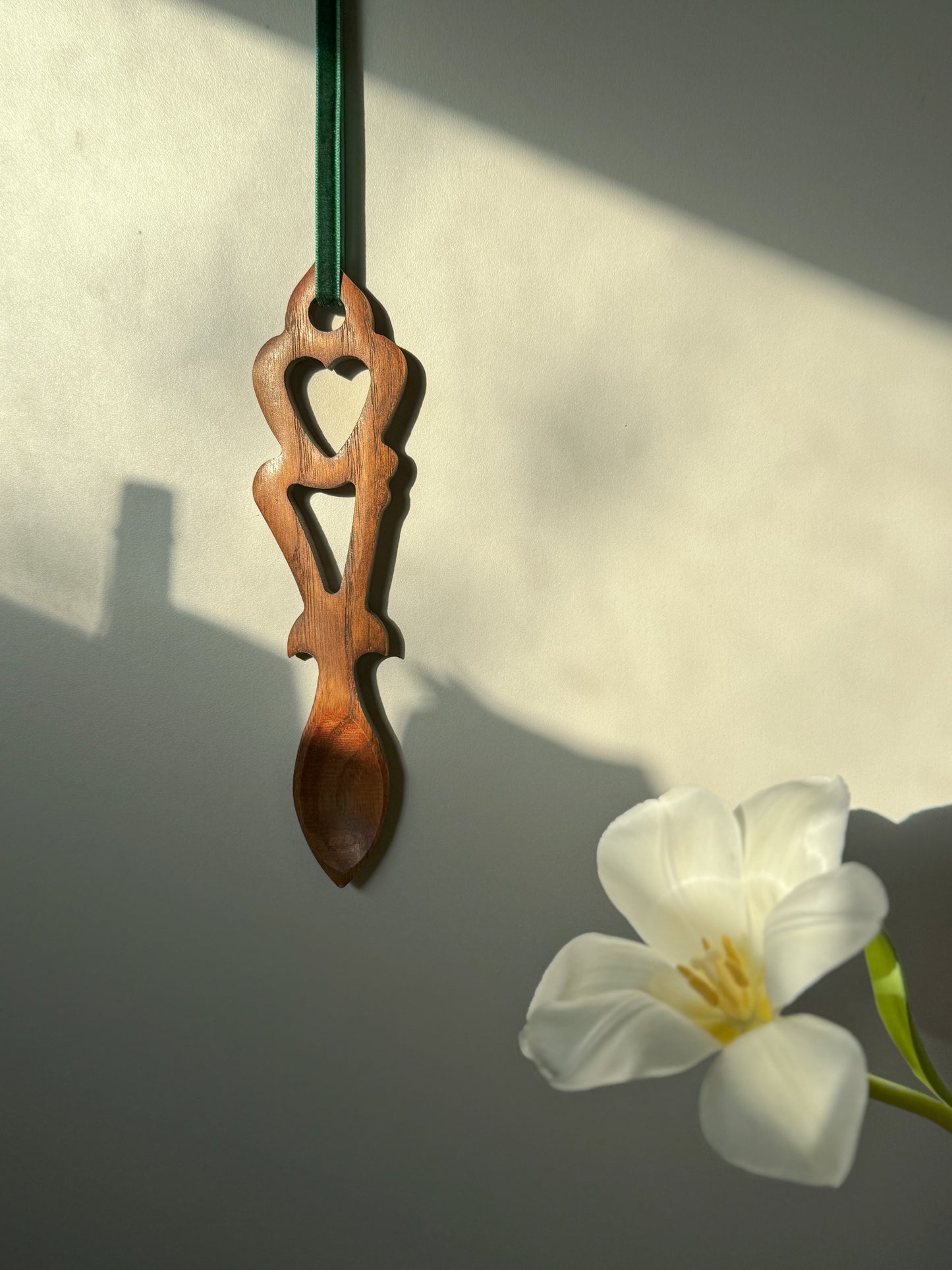 Vintage Hand-Carved Welsh Love Spoon • Heart & Harp • Calon a Telyn