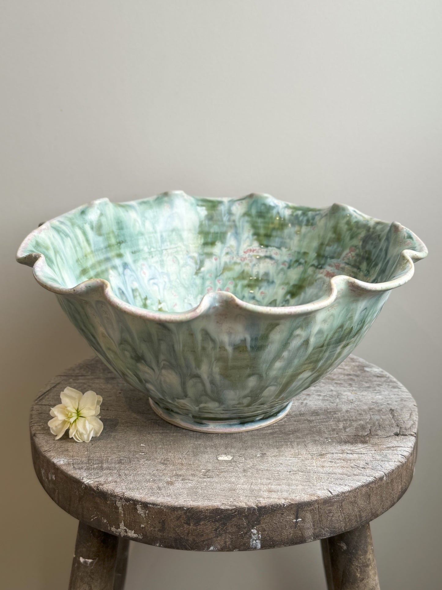 Large Studio Pottery Drip Glaze Scalloped Edge Fruit Bowl