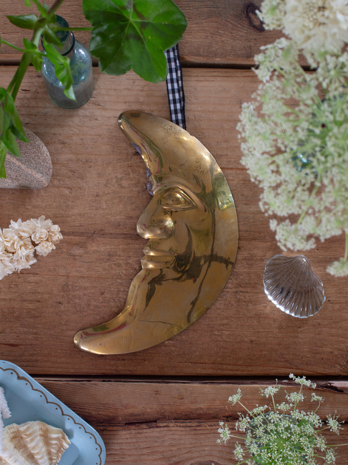 Vintage Handmade Brass Crescent Moon Face Wall Hanging