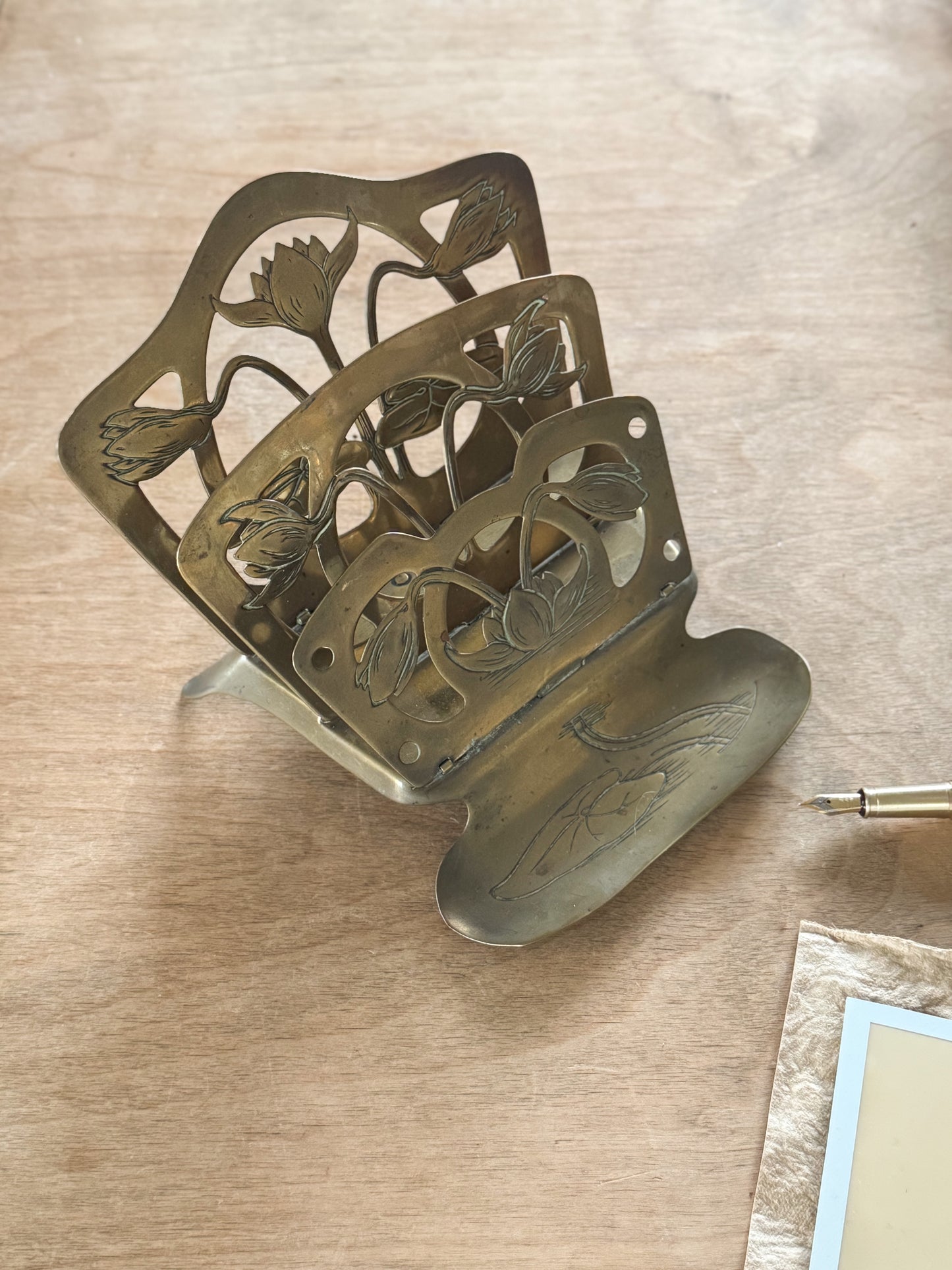 Antique German Ges Gesch Solid Brass ‘Water Lilly’ Folding Letter Rack