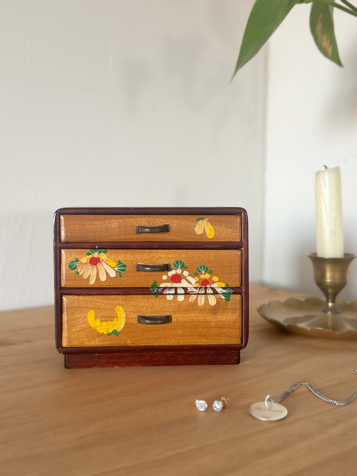 Vintage Folk Art Hand-Painted Chest of Drawers Jewellery Box