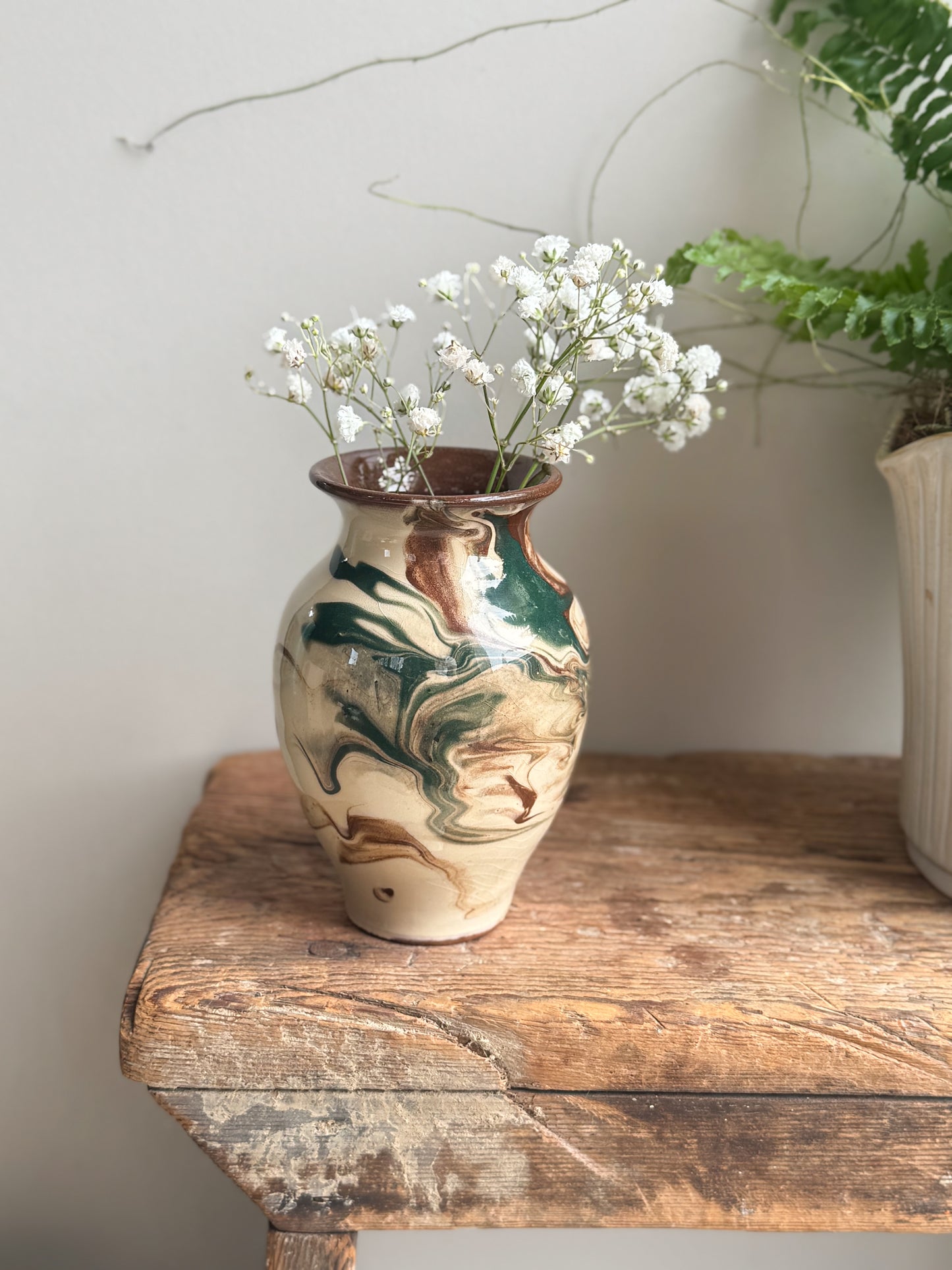 Vintage Studio Pottery Marbled Pot (Brown, Green & Cream)