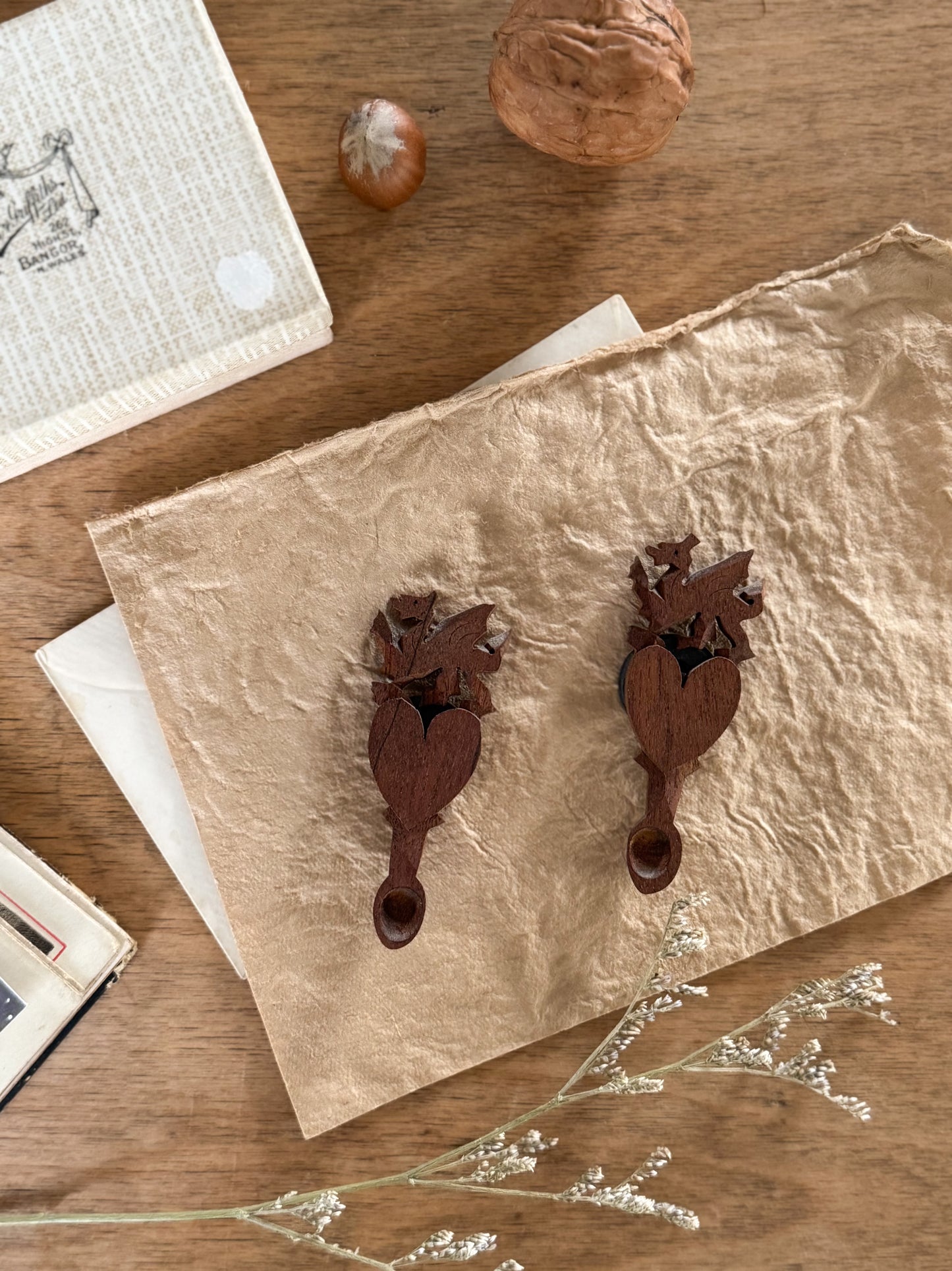 Pair of Hand-Carved Welsh Love Spoon Fridge Magnets