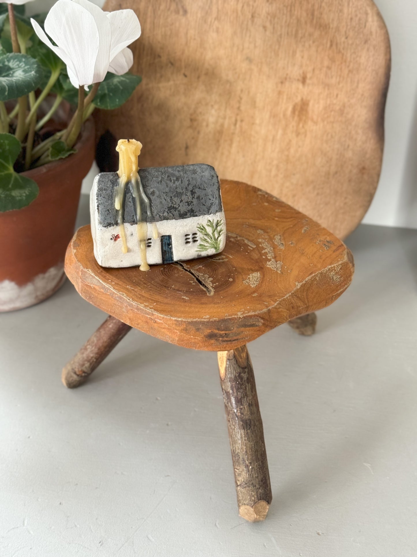 Small Handmade Treen Raw Wood Plant Stand • Stool