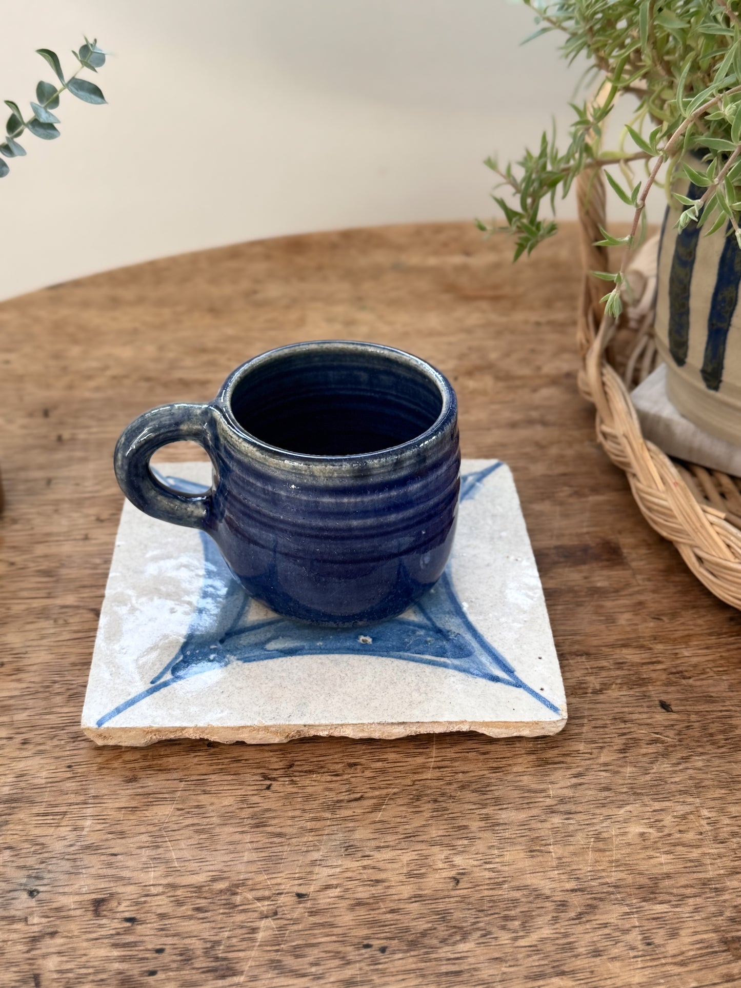 Vintage Studio Pottery Flat White Mug - Deep Blue Glaze