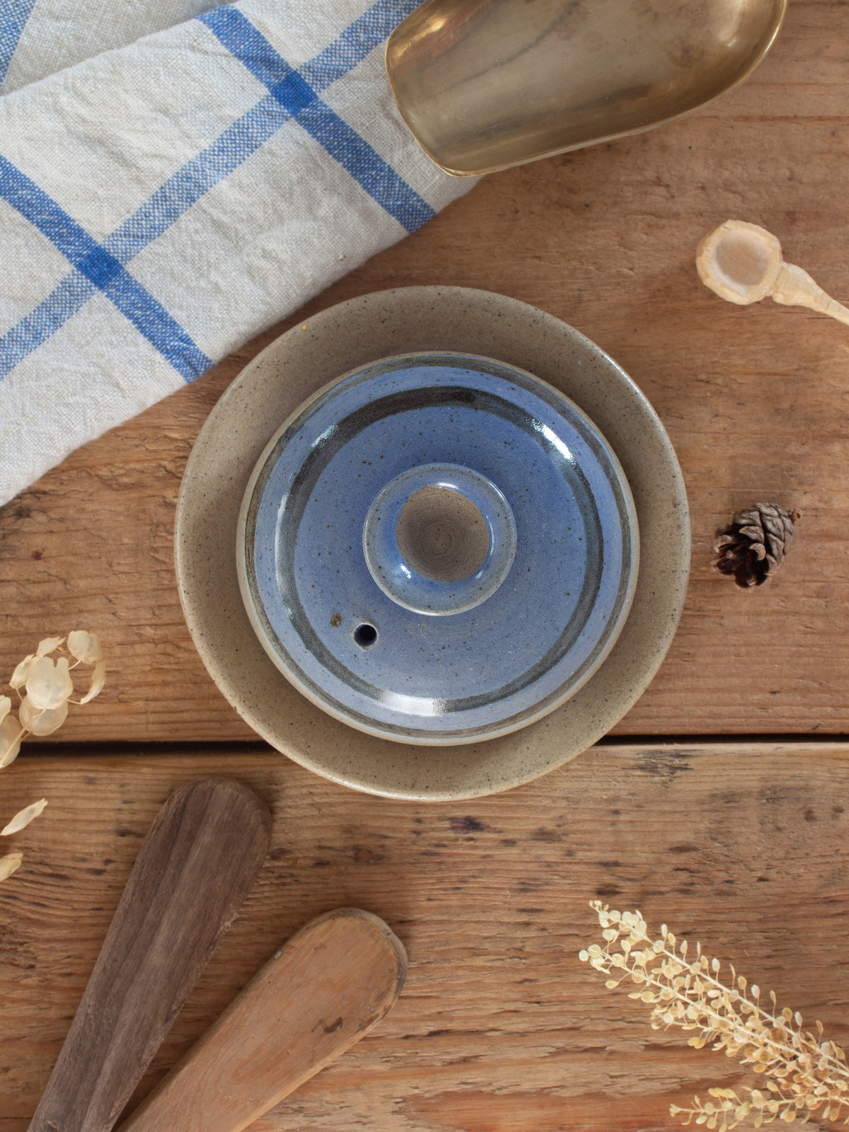 Vintage Blue Striped Studio Pottery Butter Bell