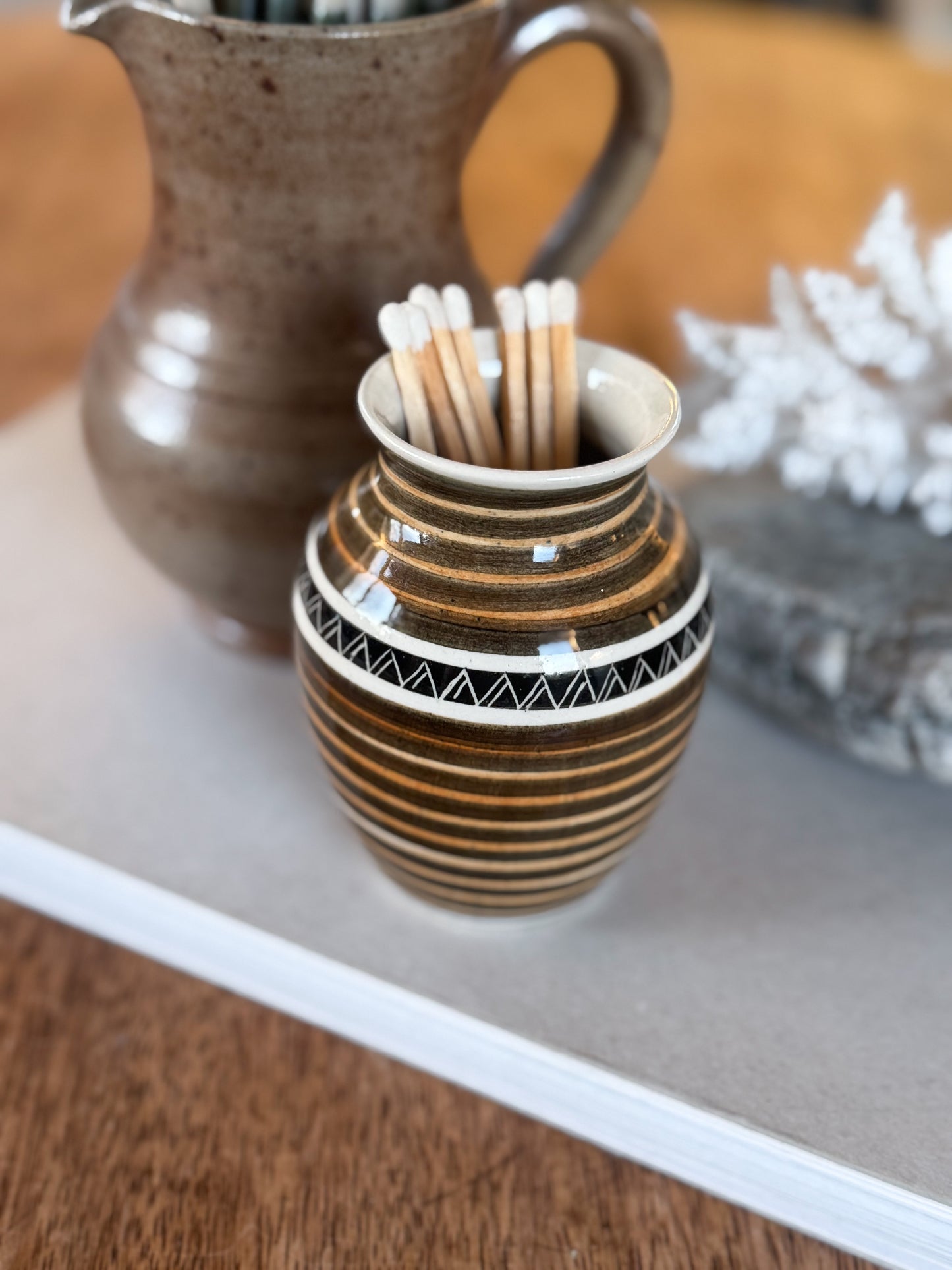 Vintage Studio Pottery Striped Vase • Match Pot