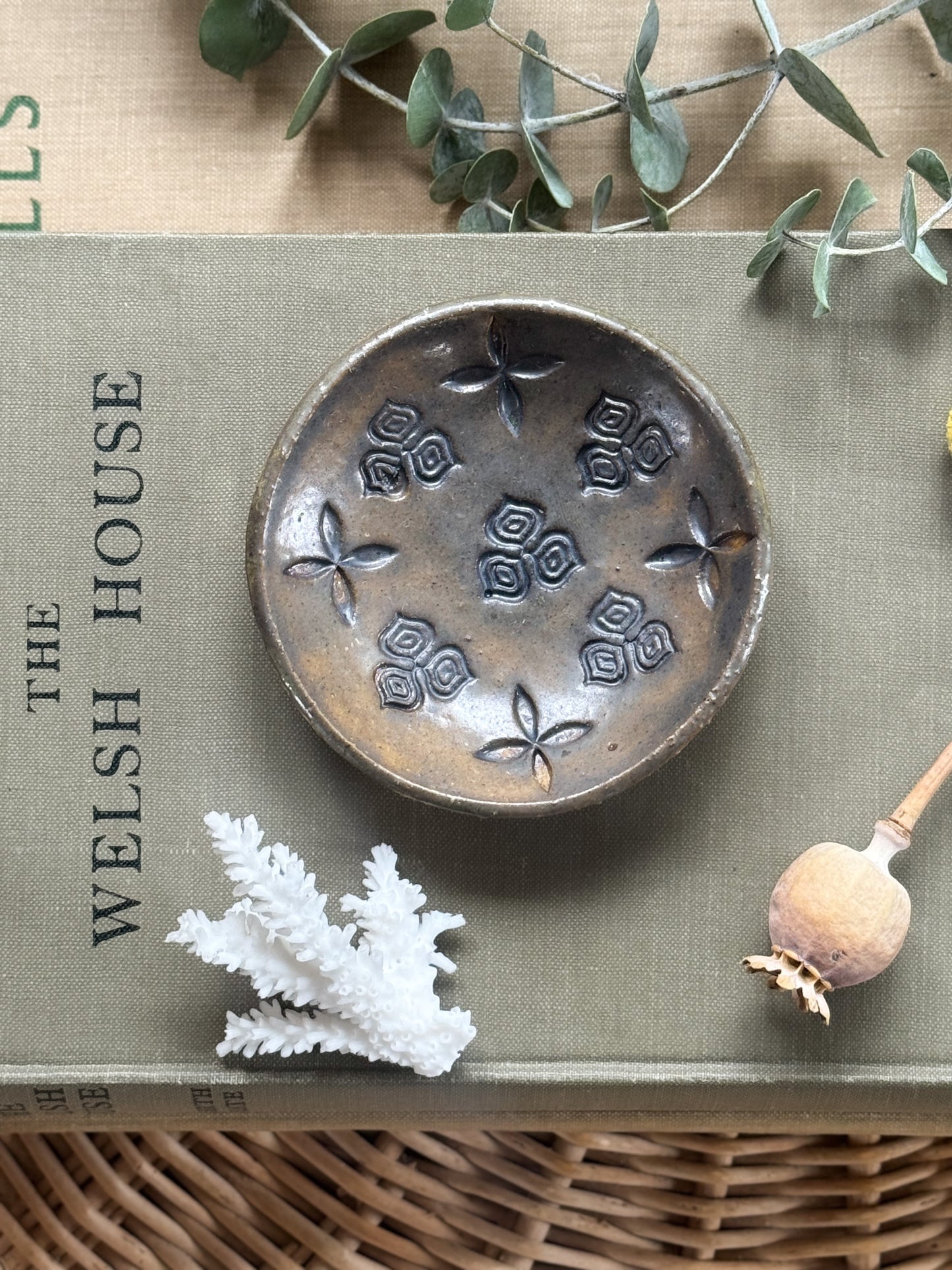 Studio Pottery Trinket Dish with Impressed Floral Design by Hearth Pottery, Yorkshire