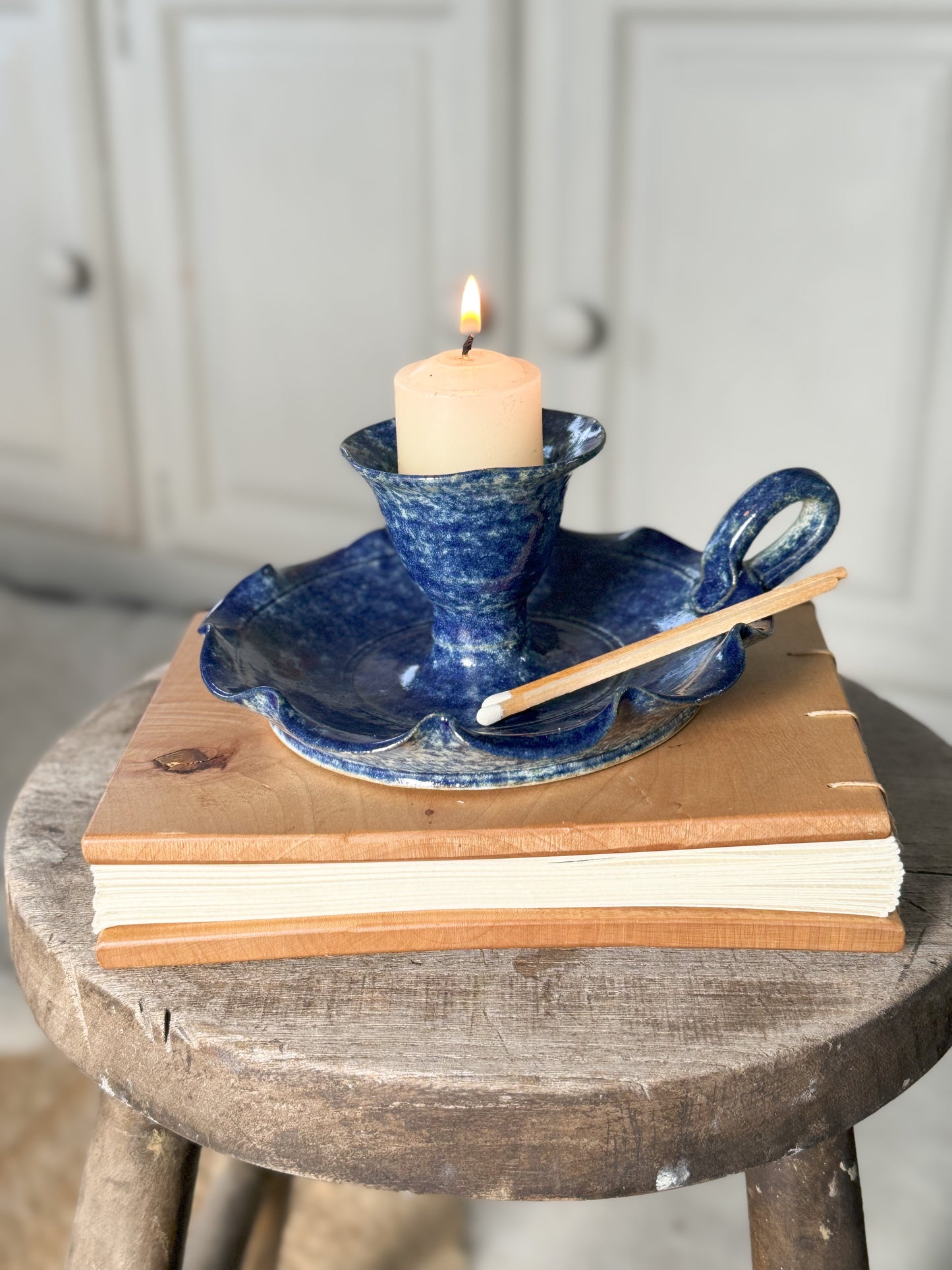 Vintage Studio Pottery Mottled Blue Scalloped Chamberstick