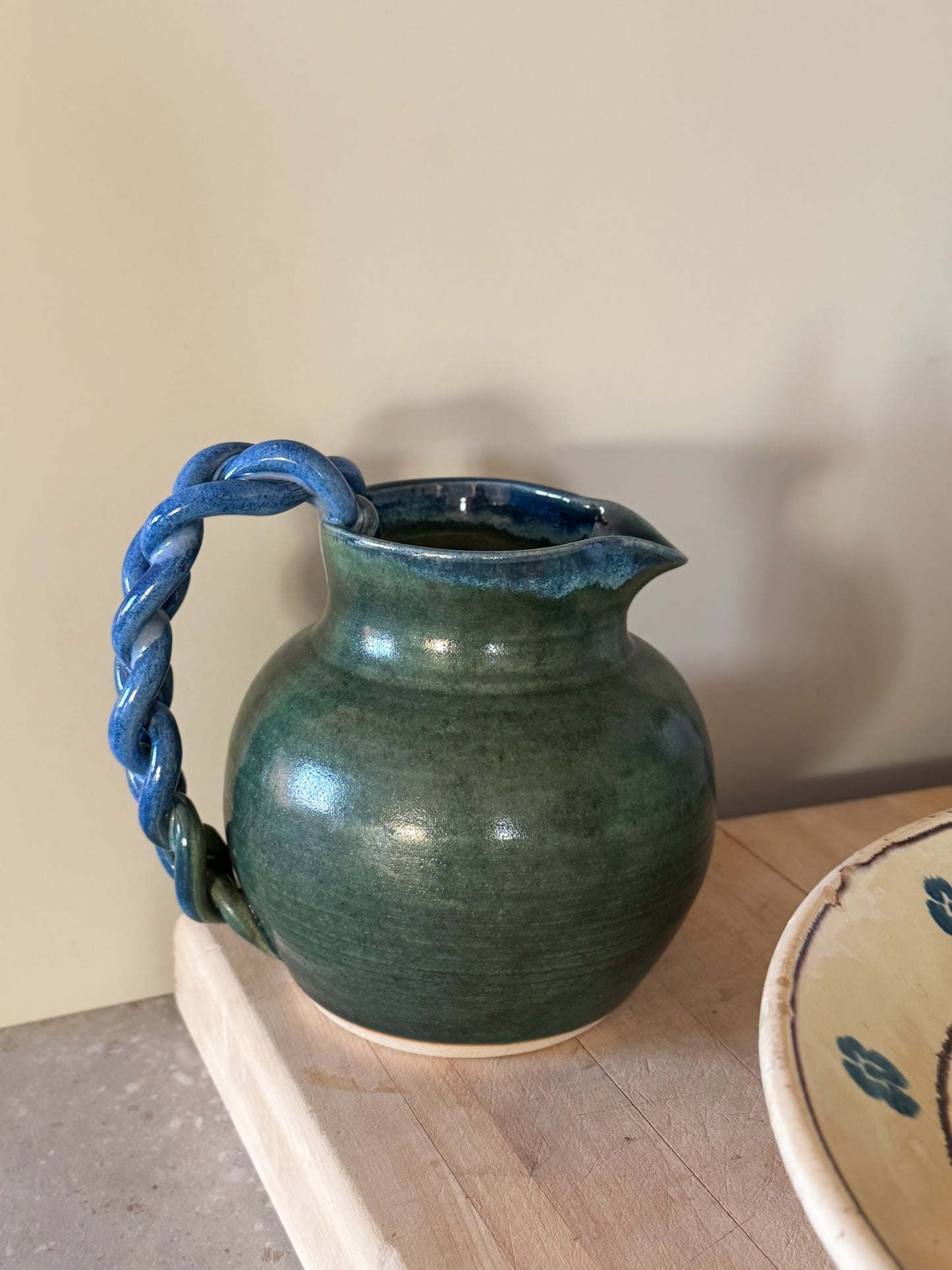 Unique Studio Pottery Drip Glaze Jug – Olive Green & Blue Roped Handle