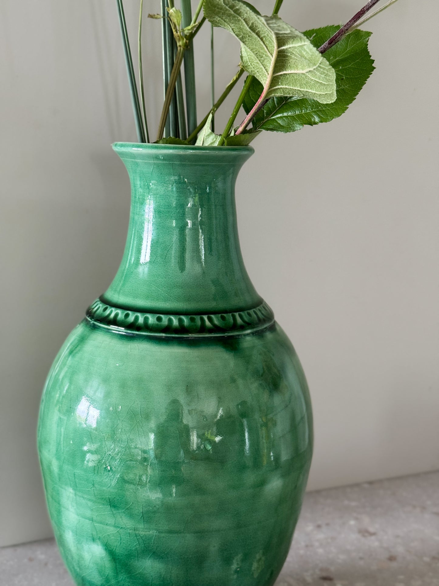 Large Welsh Studio Pottery Green Glazed Vase • Signed Welsh Folk Art