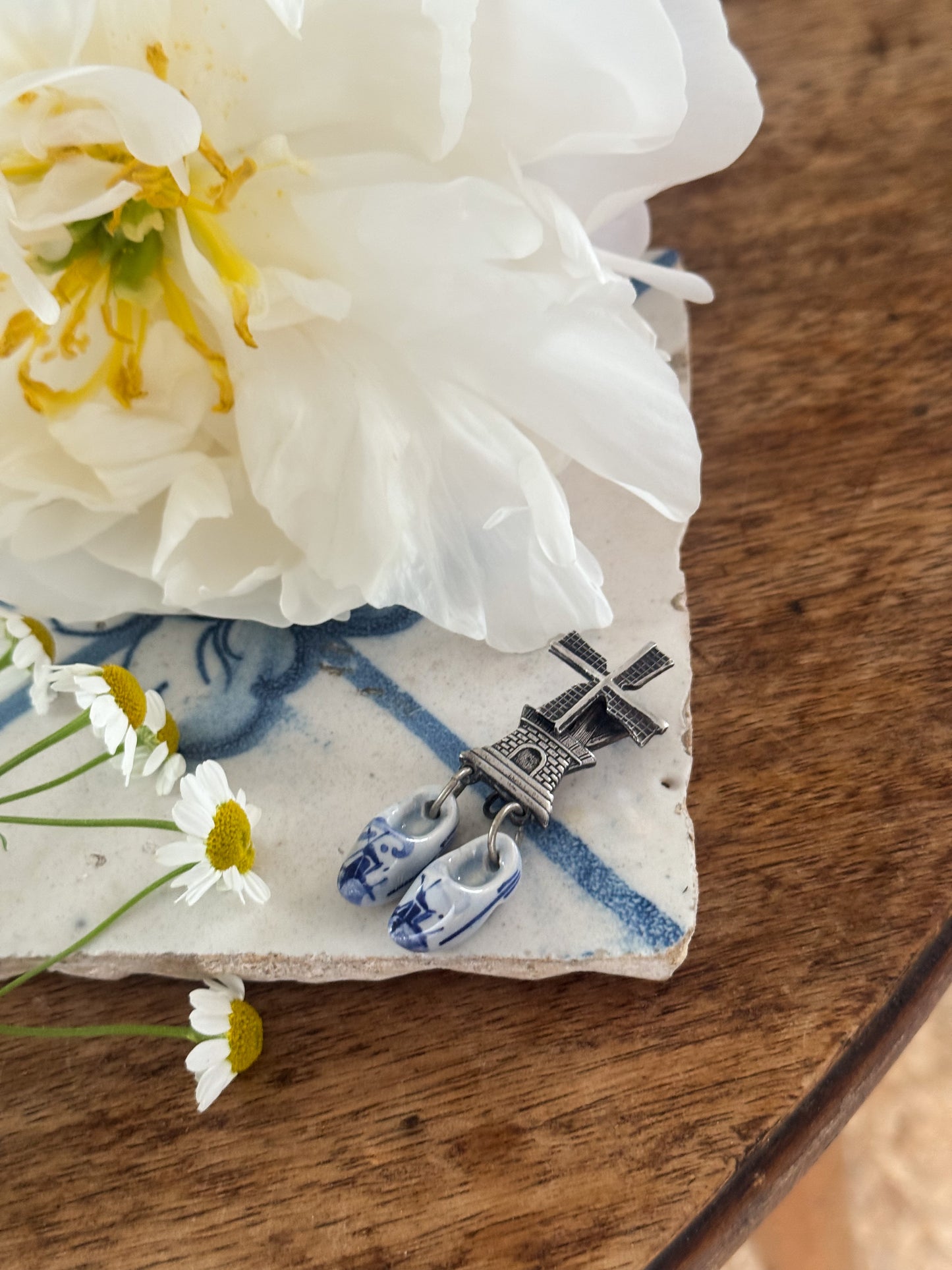 Vintage Silver-Plated Windmill Brooch with Ceramic Delft Clogs