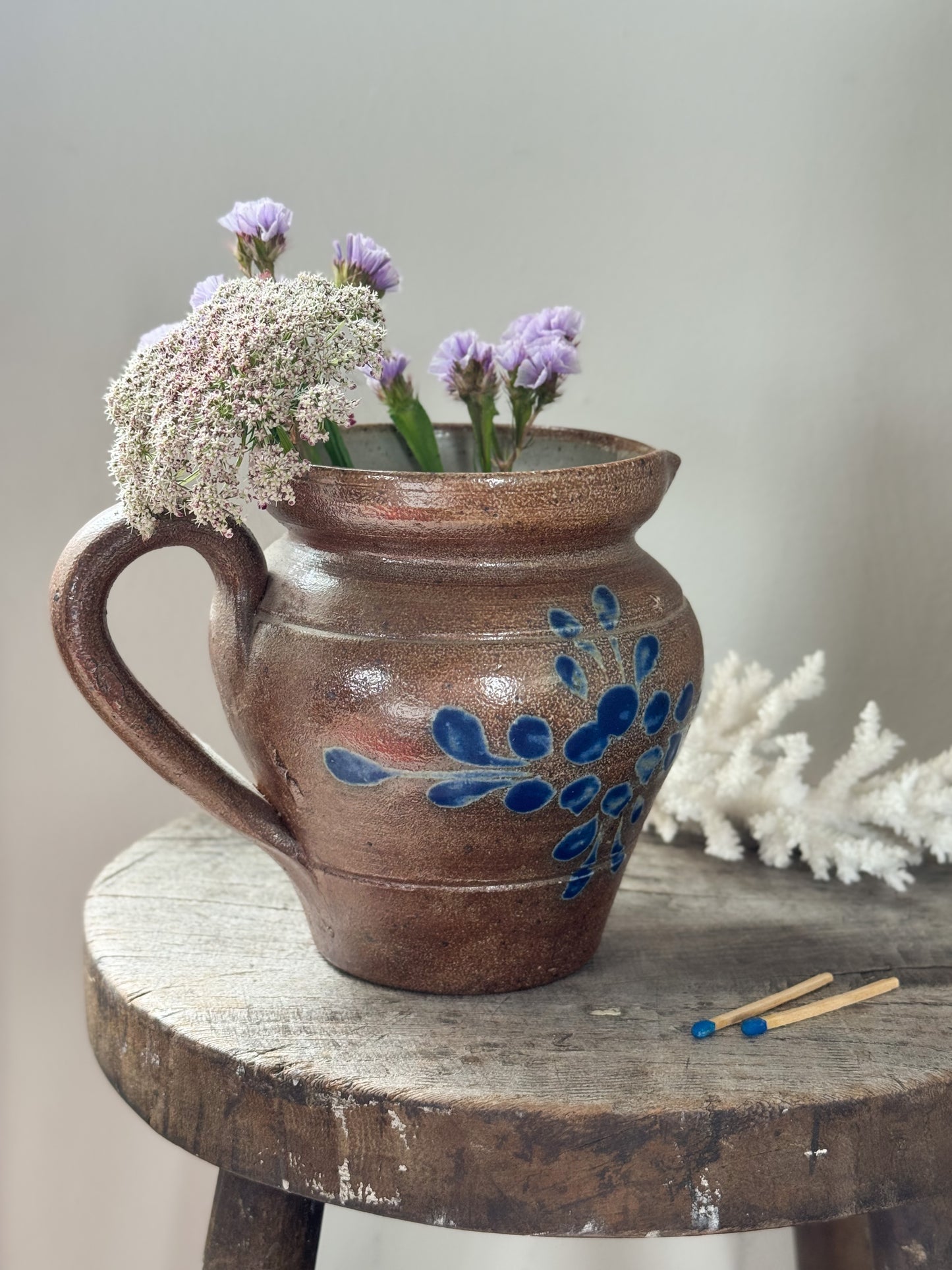Antique French Glazed Stoneware Jug with Blue Floral Design