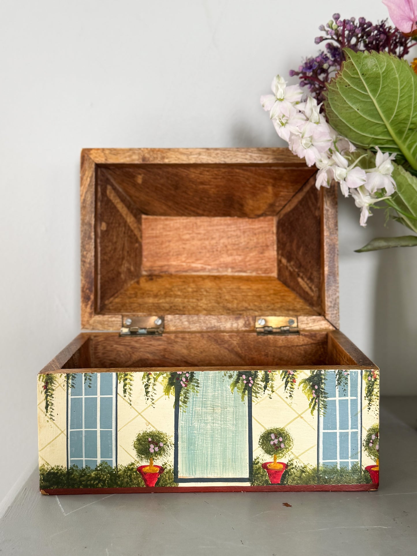 Vintage Hand-Painted Wooden Cottage Keepsake Box
