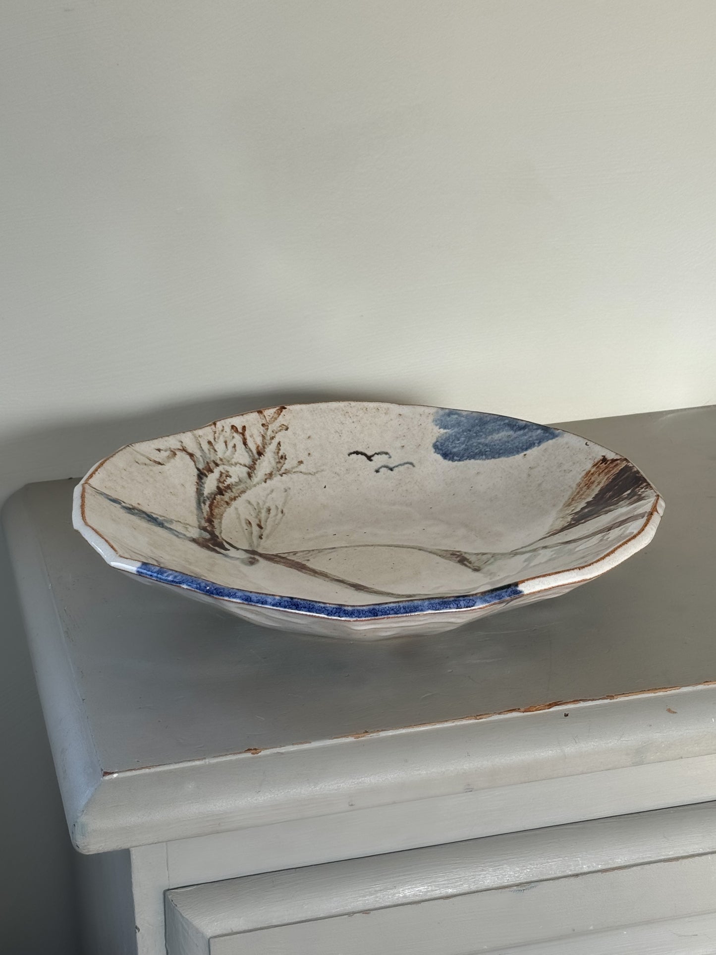 Large Unique Vintage Studio Pottery Bowl • Abstract Landscape Design