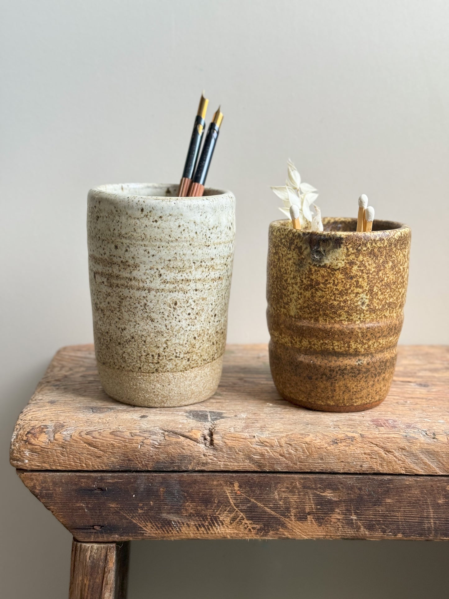 Pair of Speckled Salt Glaze Studio Pottery Beakers / Brush Pots
