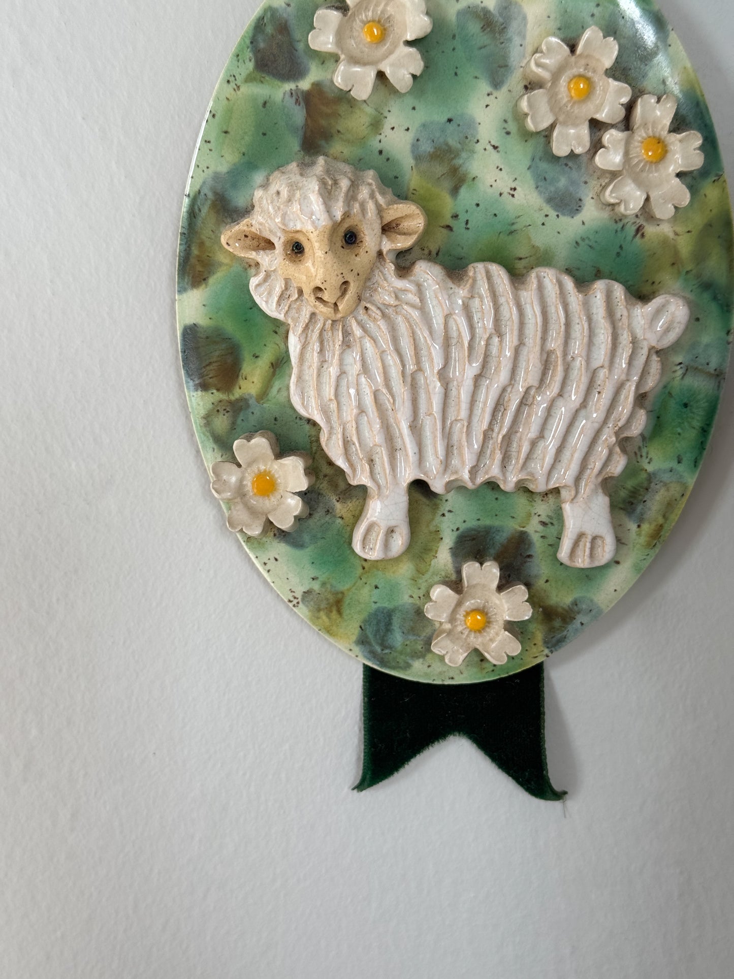 Vintage Folk Art Studio Pottery Sheep Wall Hanging with Velvet Ribbon & Brass Loop