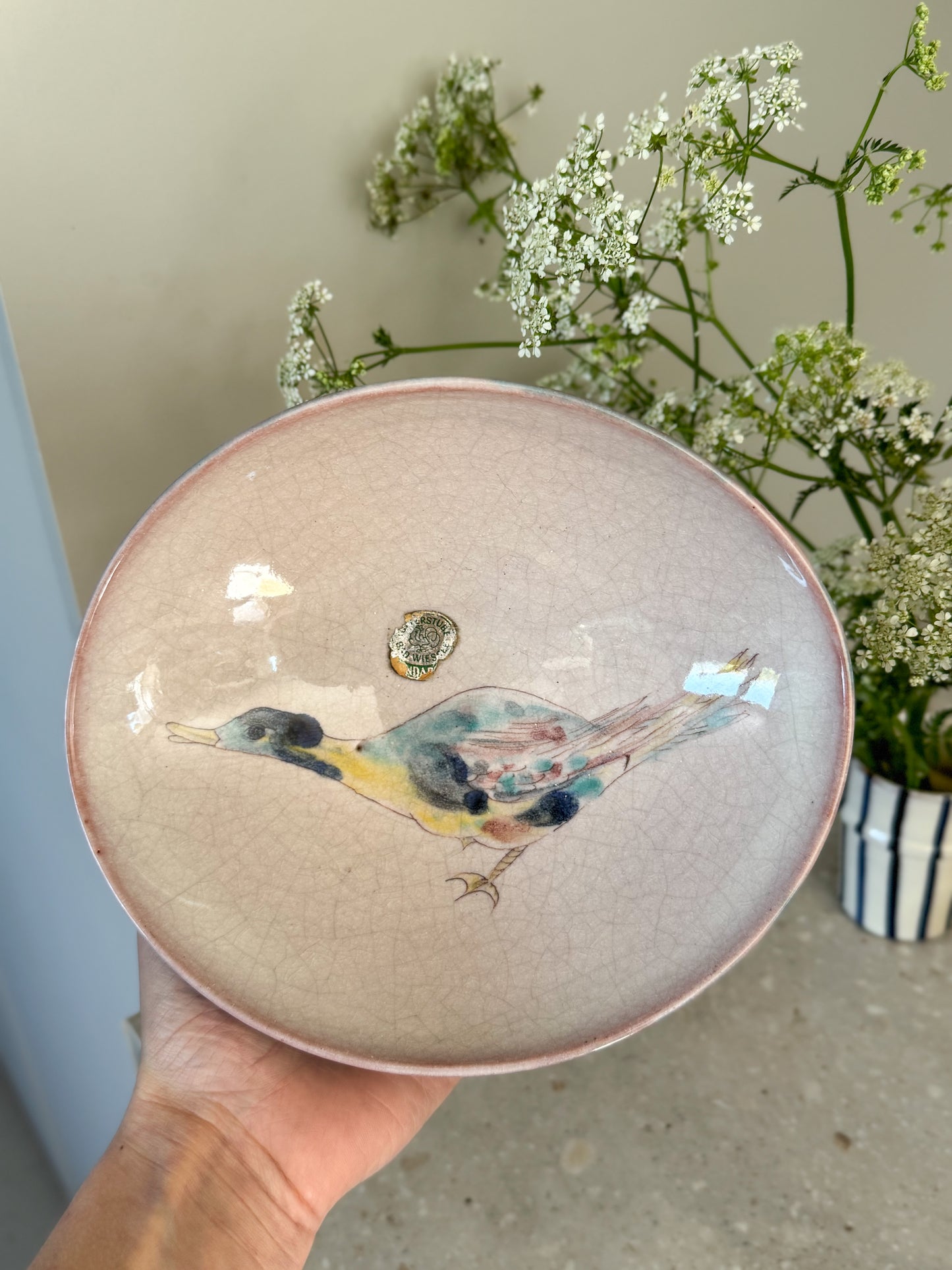 Hand-Painted German Studio Pottery Bowl – Bird Motif with Aqua Drip Glaze, Bad Wiessee