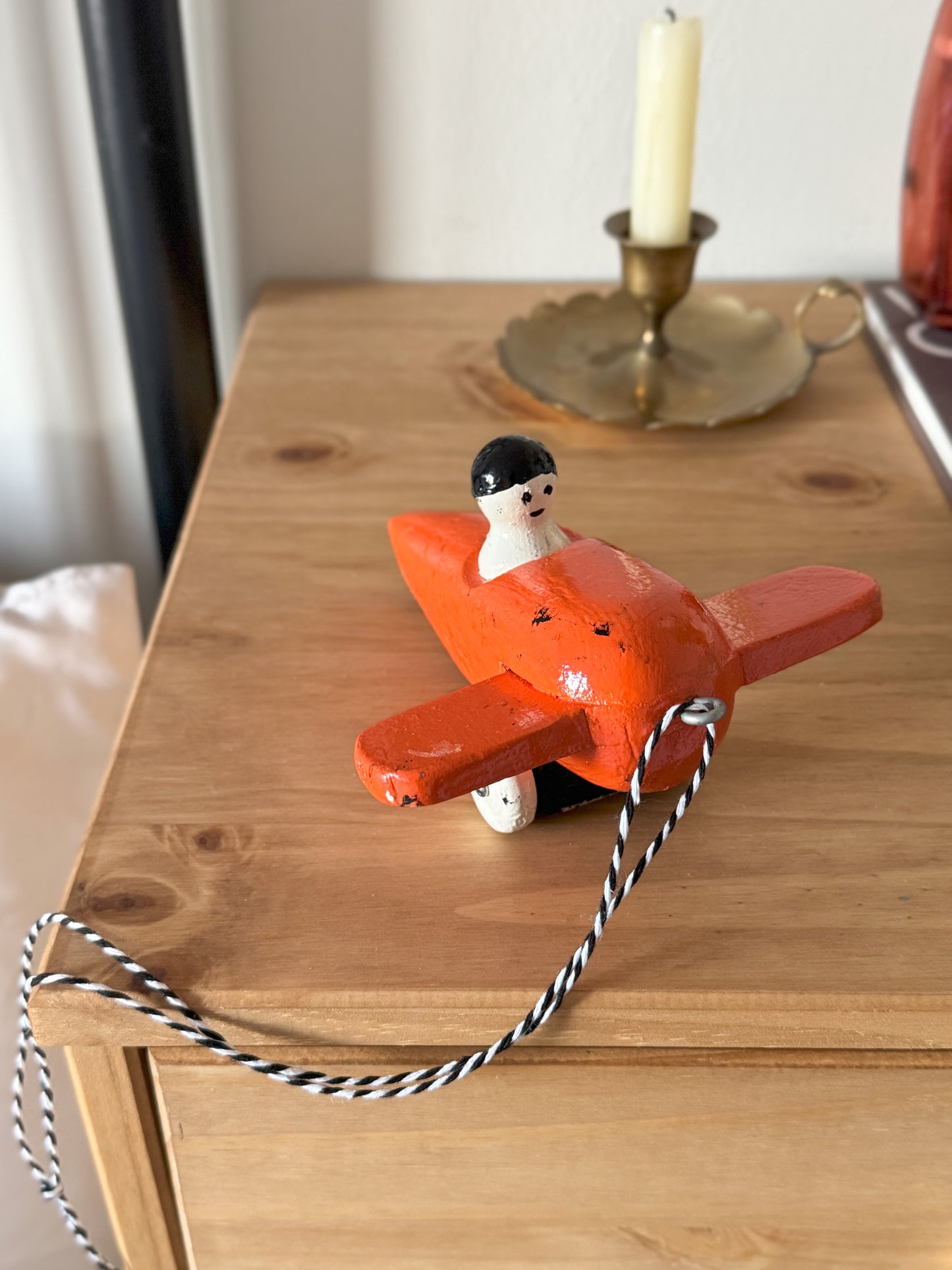 Vintage Midcentury Folk Art Wooden Pull Along Aeroplane