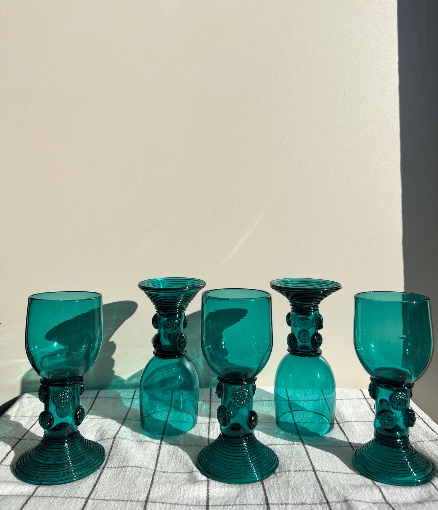 Antique c1820 German Rhenish Römer Turquoise Wine Goblets (Set of 5)