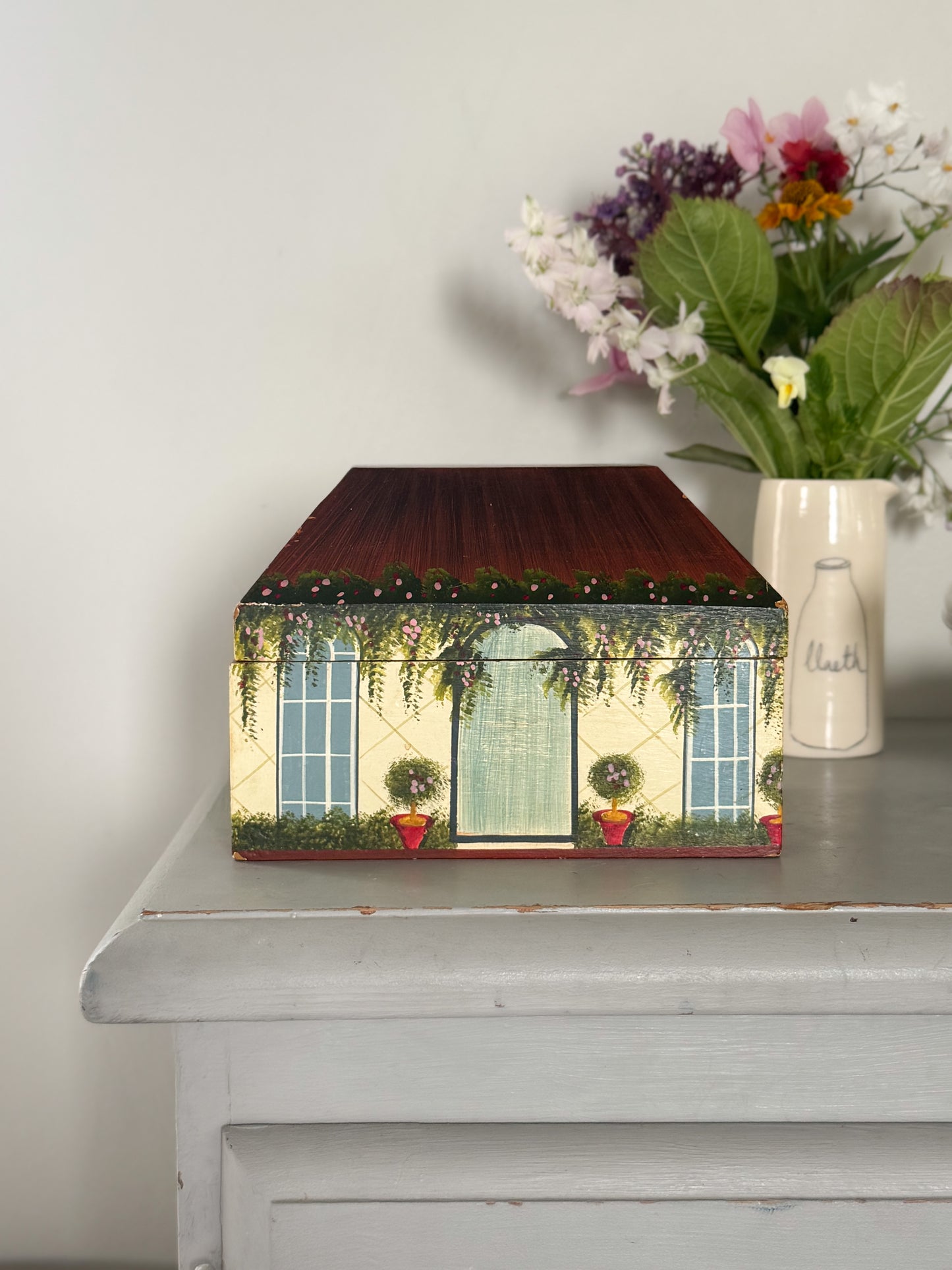 Vintage Hand-Painted Wooden Cottage Keepsake Box