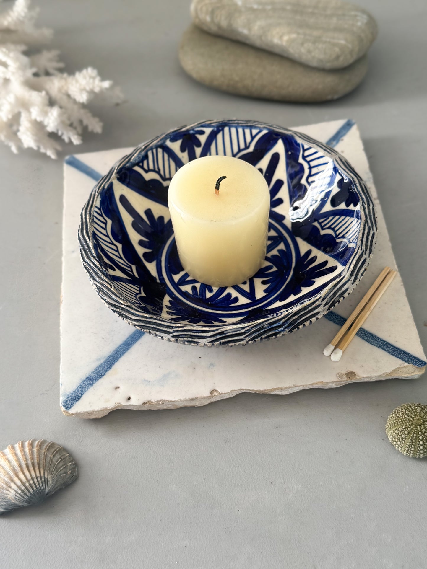 Vintage Blue & White Glazed Bowl Trinket with Lattice Detailing