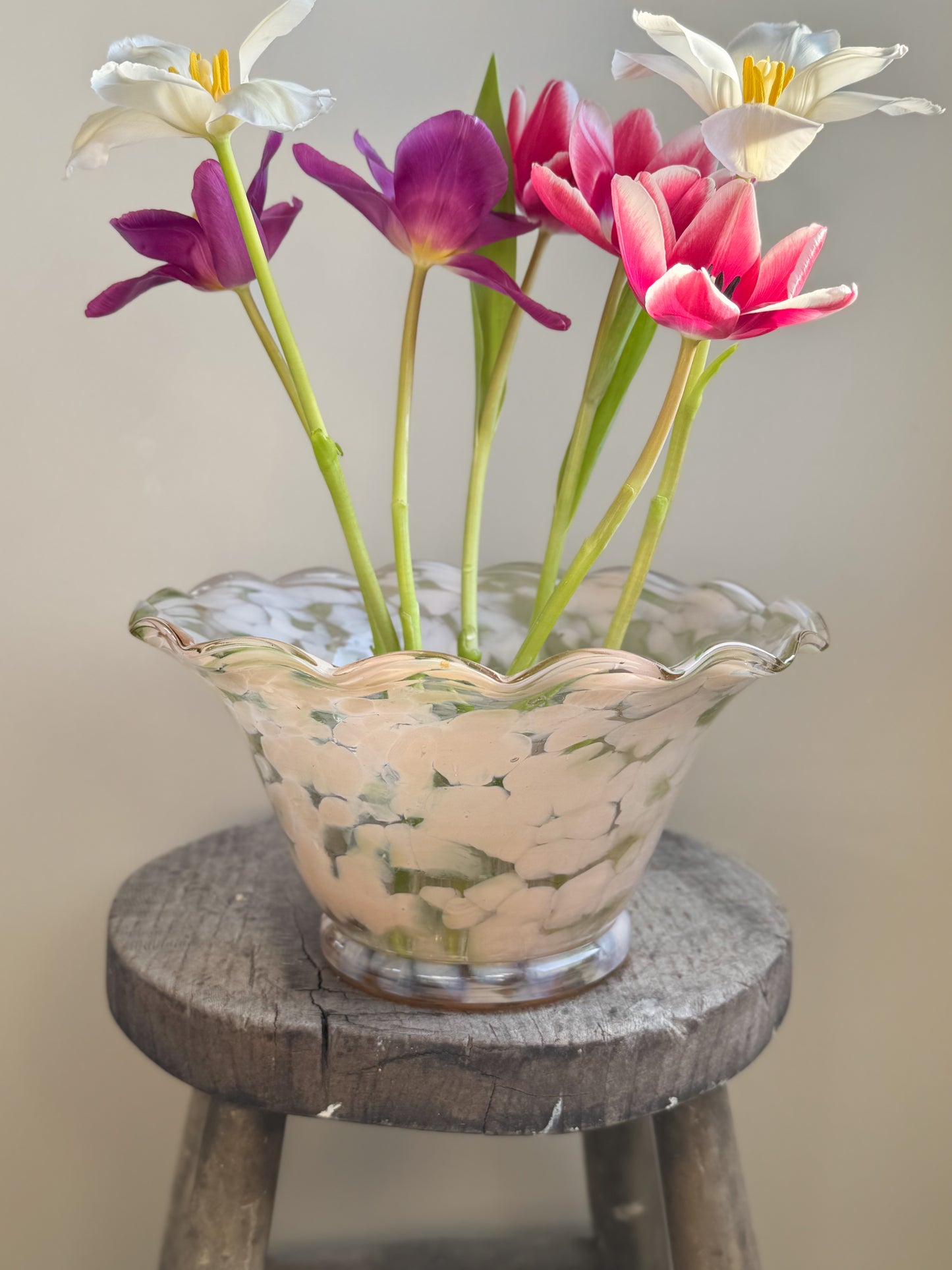 Vintage Handblown Art Glass Pastel Pink Spatter Glass Scalloped Bowl